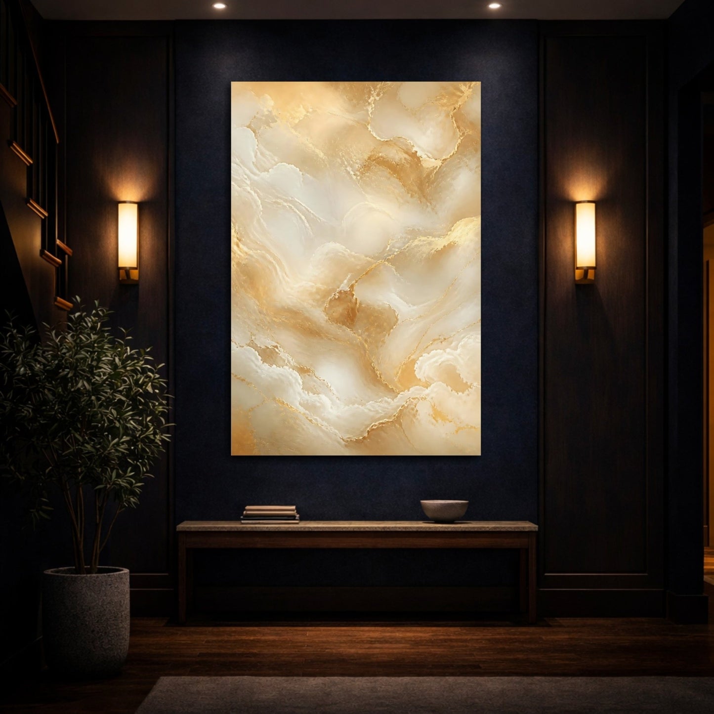 Abstract Marble Texture Gold And Cream Canvas Wall Art Print – Living Room, Above Console Table - YesArtYes