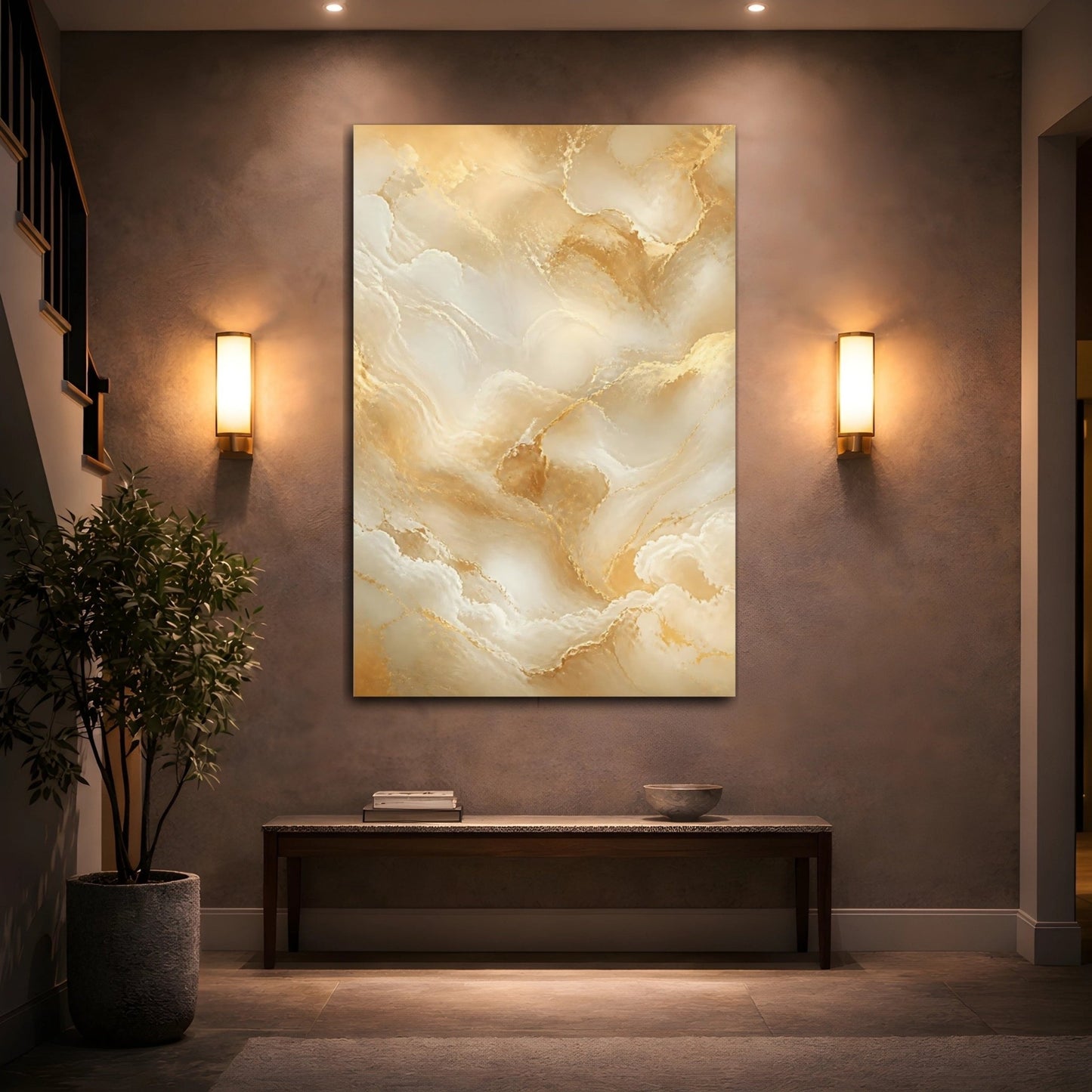 Abstract Marble Texture Gold And Cream Canvas Wall Art Print – Living Room, Above Console Table - YesArtYes