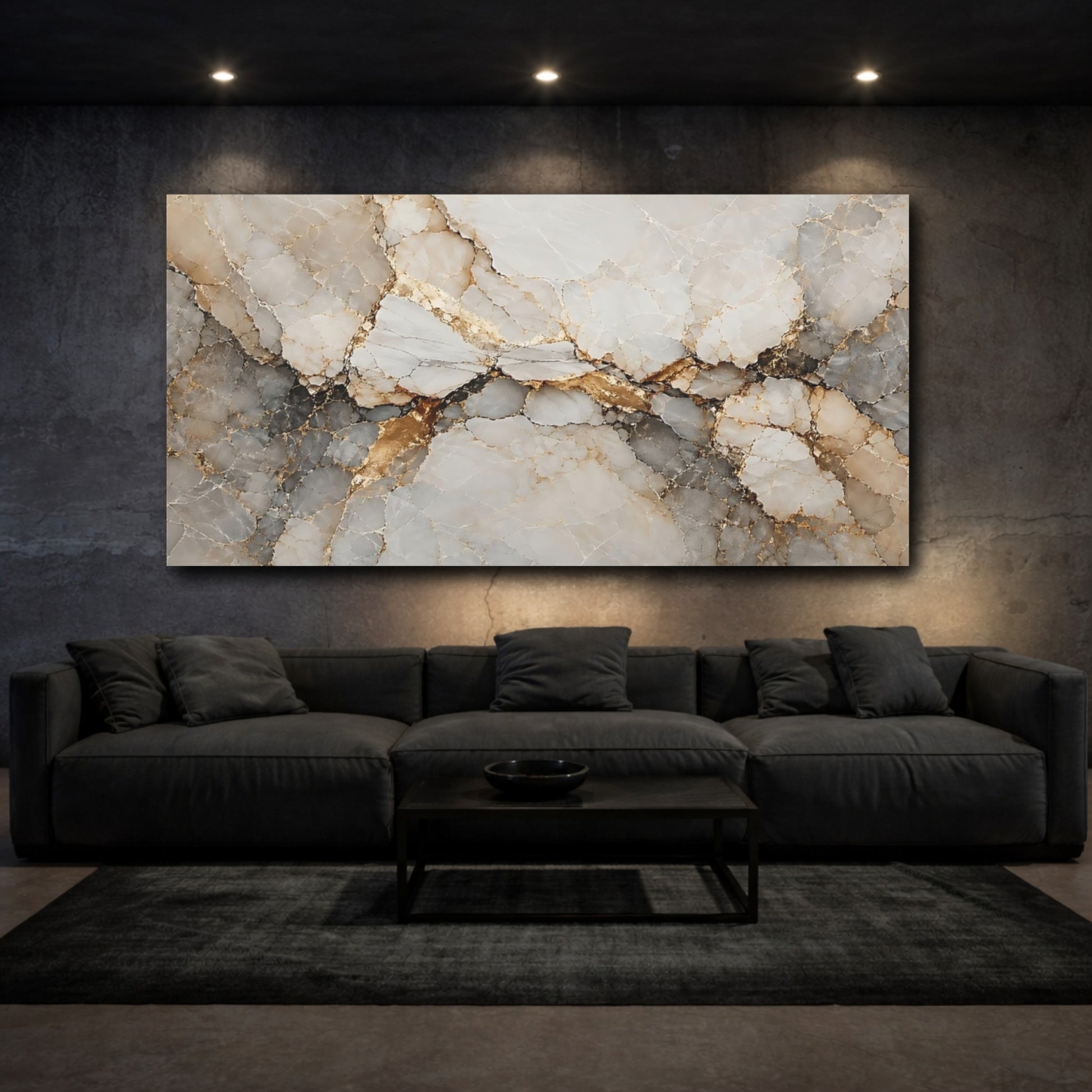 Mockup 2. Abstract Marble Texture Gold And Gray shown as stretched canvas wall art
