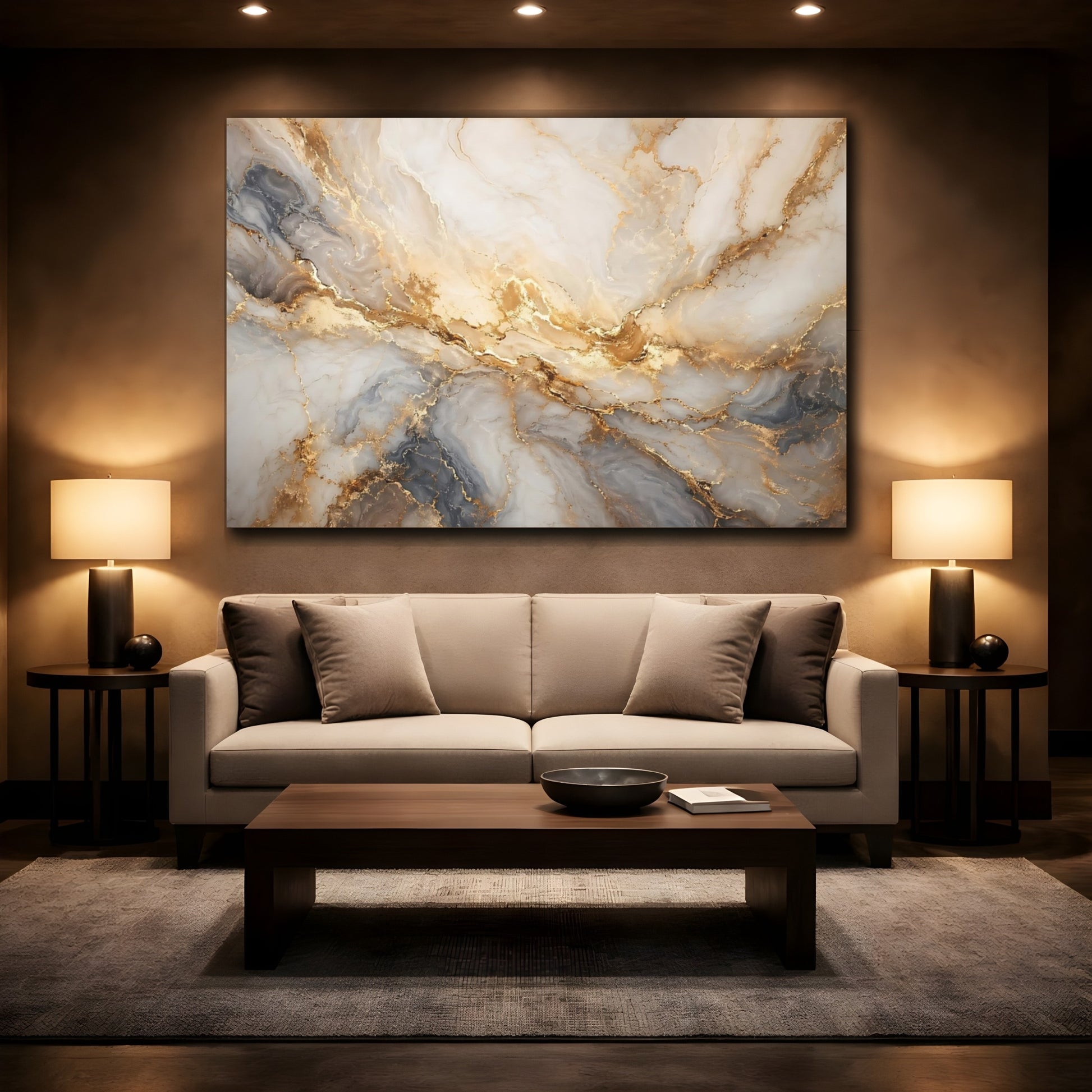 Mockup 2. Abstract Marble Texture Gold And Gray shown as stretched canvas wall art