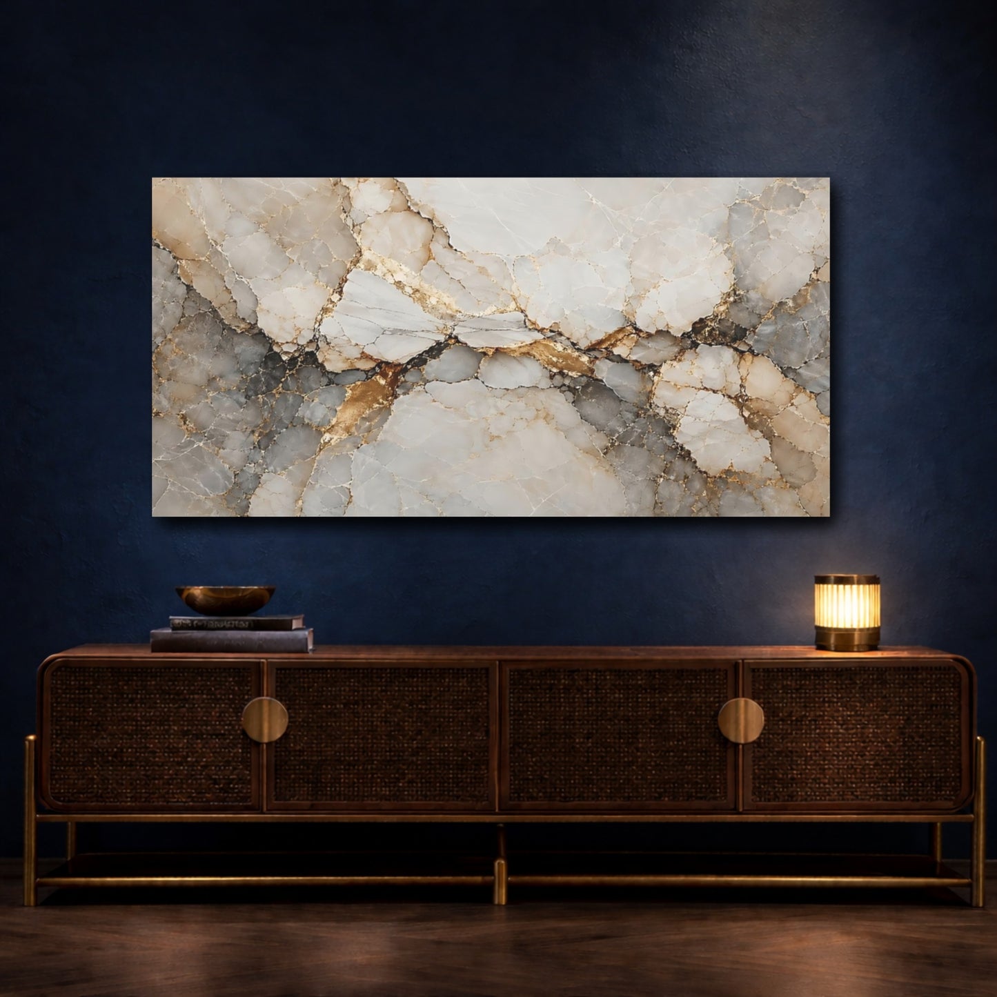 Mockup 3. Abstract Marble Texture Gold And Gray shown as stretched canvas wall art