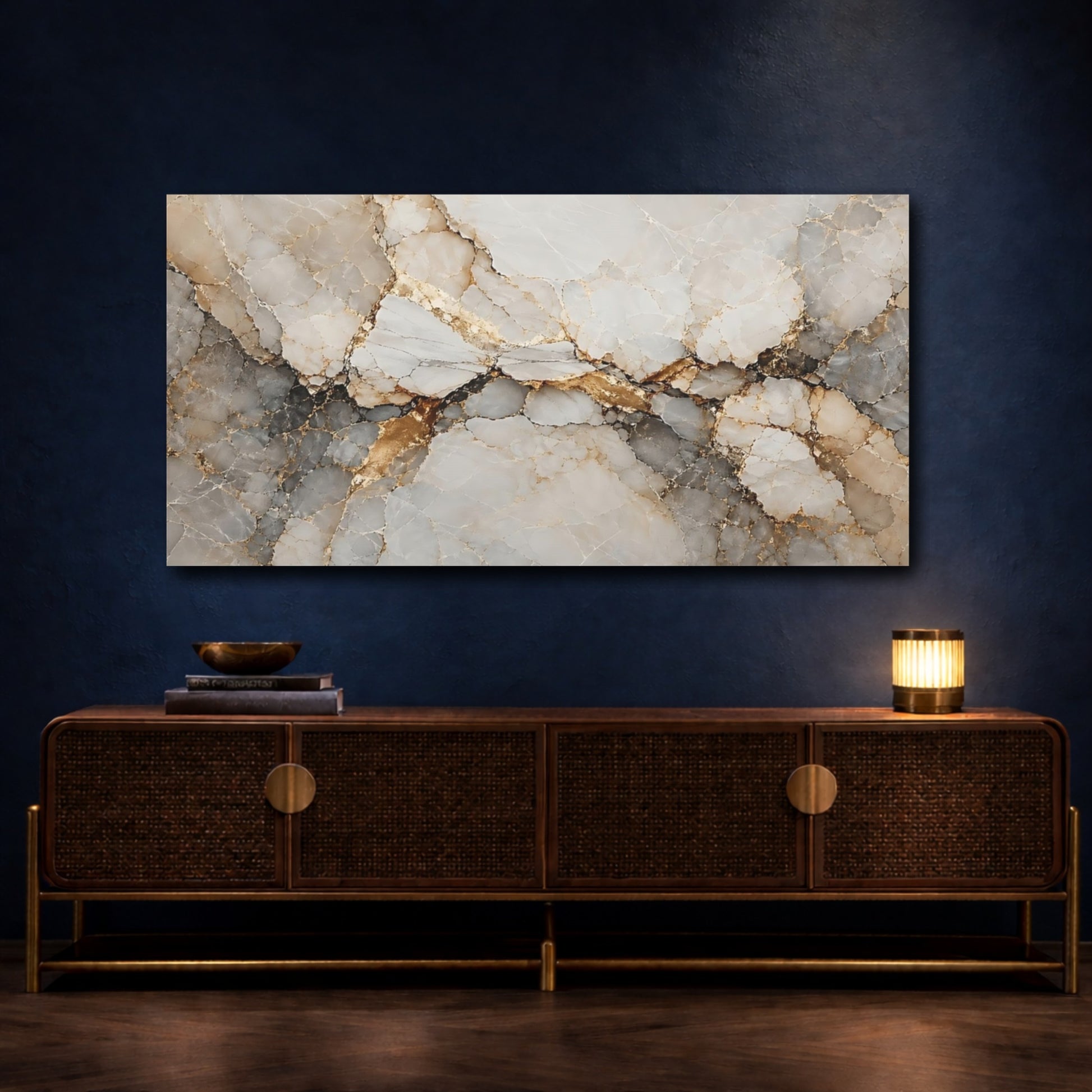 Mockup 3. Abstract Marble Texture Gold And Gray shown as stretched canvas wall art