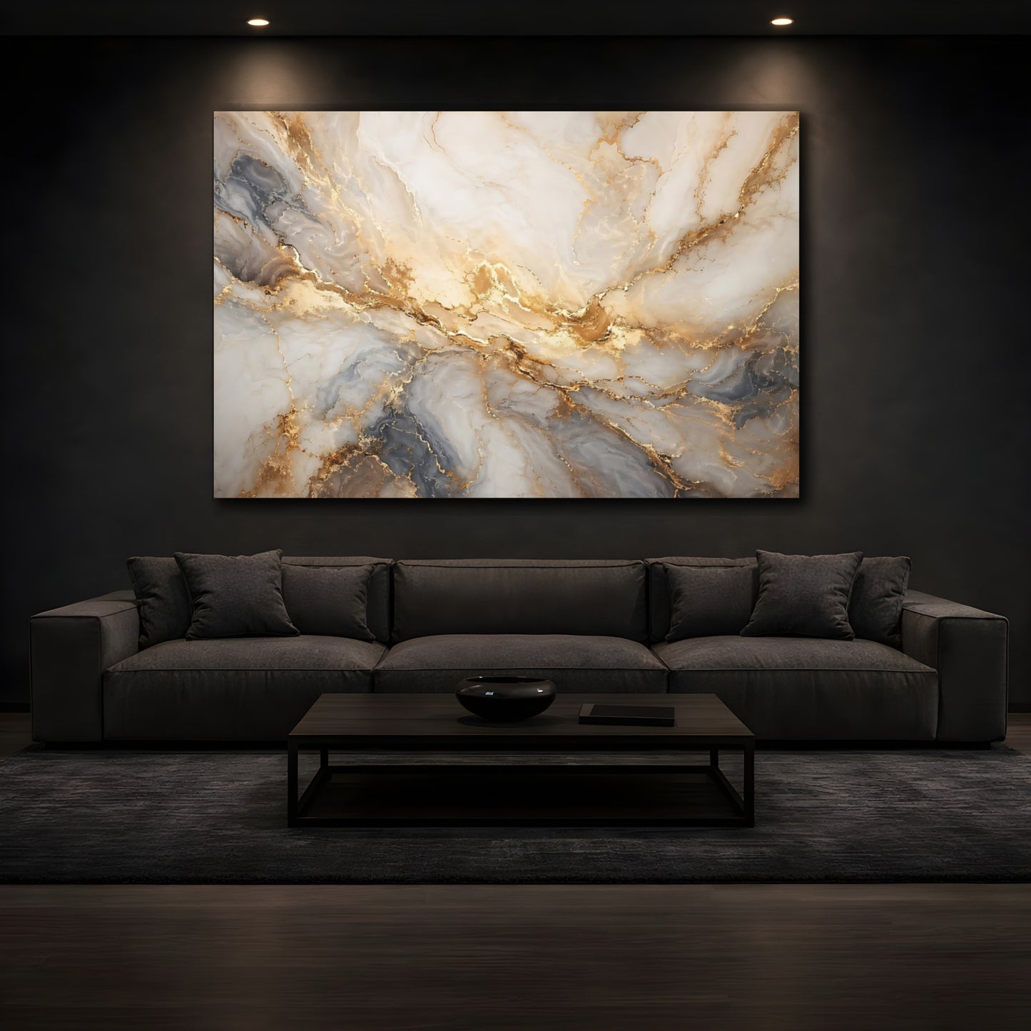 Mockup 3. Abstract Marble Texture Gold And Gray shown as stretched canvas wall art