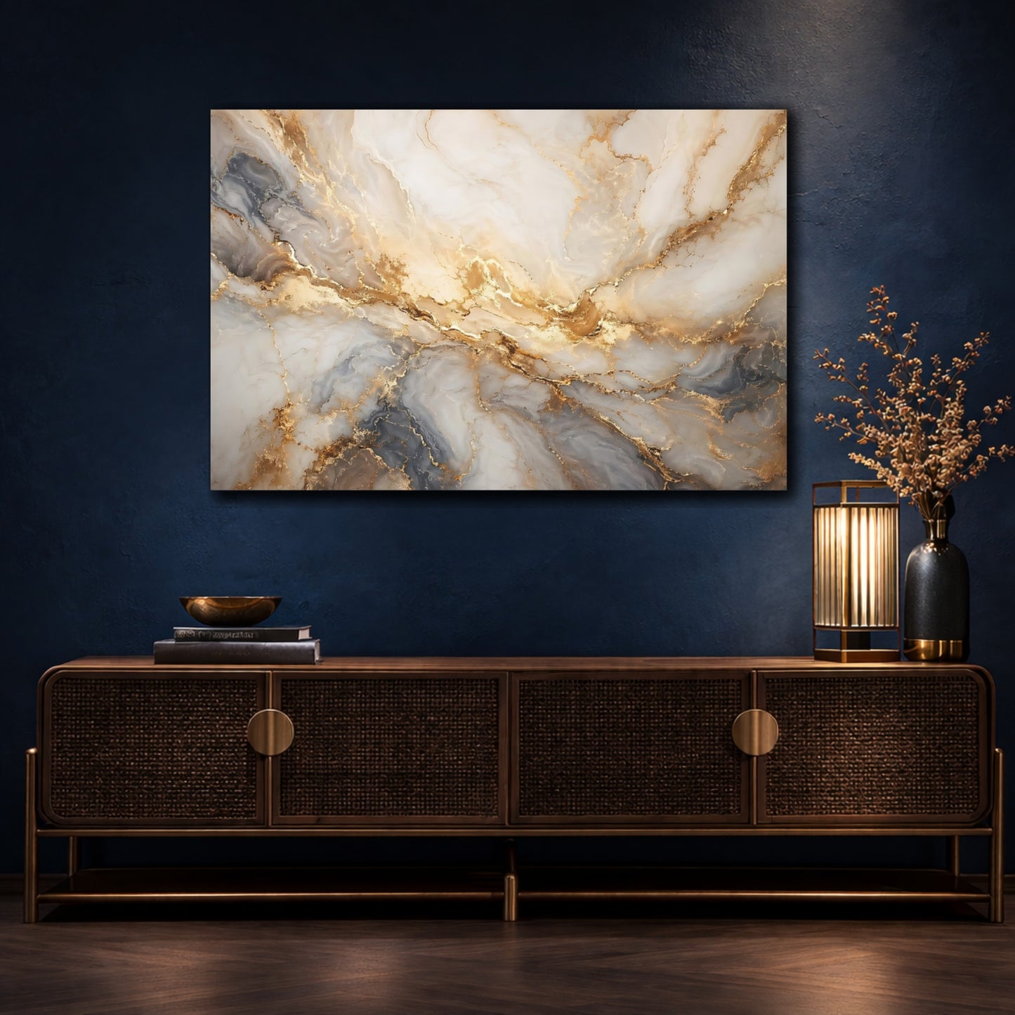 Mockup 4. Abstract Marble Texture Gold And Gray shown as stretched canvas wall art