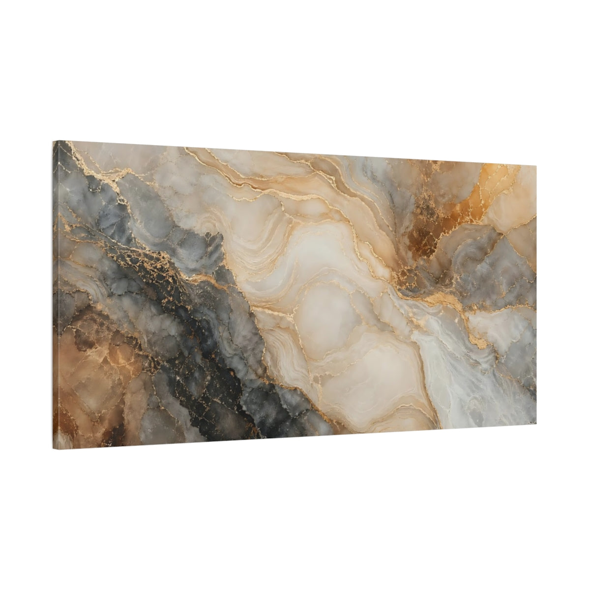 Side Mockup 2. Abstract Marble Texture Gold And Grey shown as stretched canvas wall art