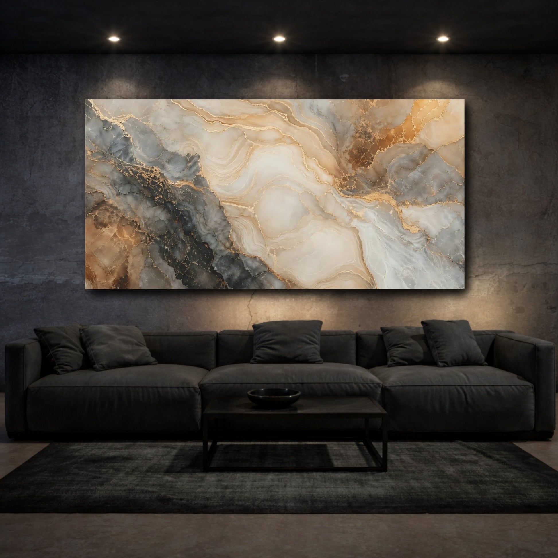 Mockup 2. Abstract Marble Texture Gold And Grey shown as stretched canvas wall art