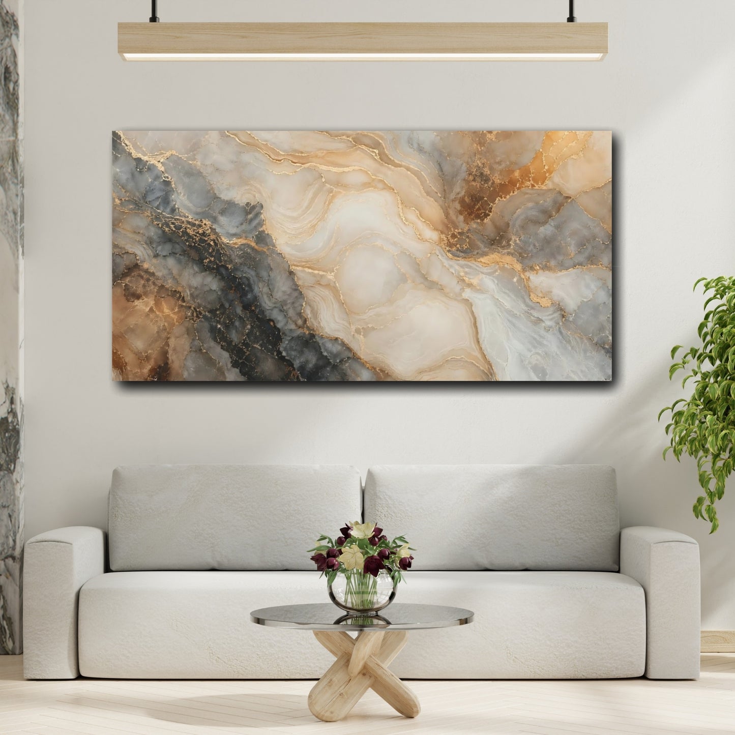 Mockup 3. Abstract Marble Texture Gold And Grey shown as stretched canvas wall art