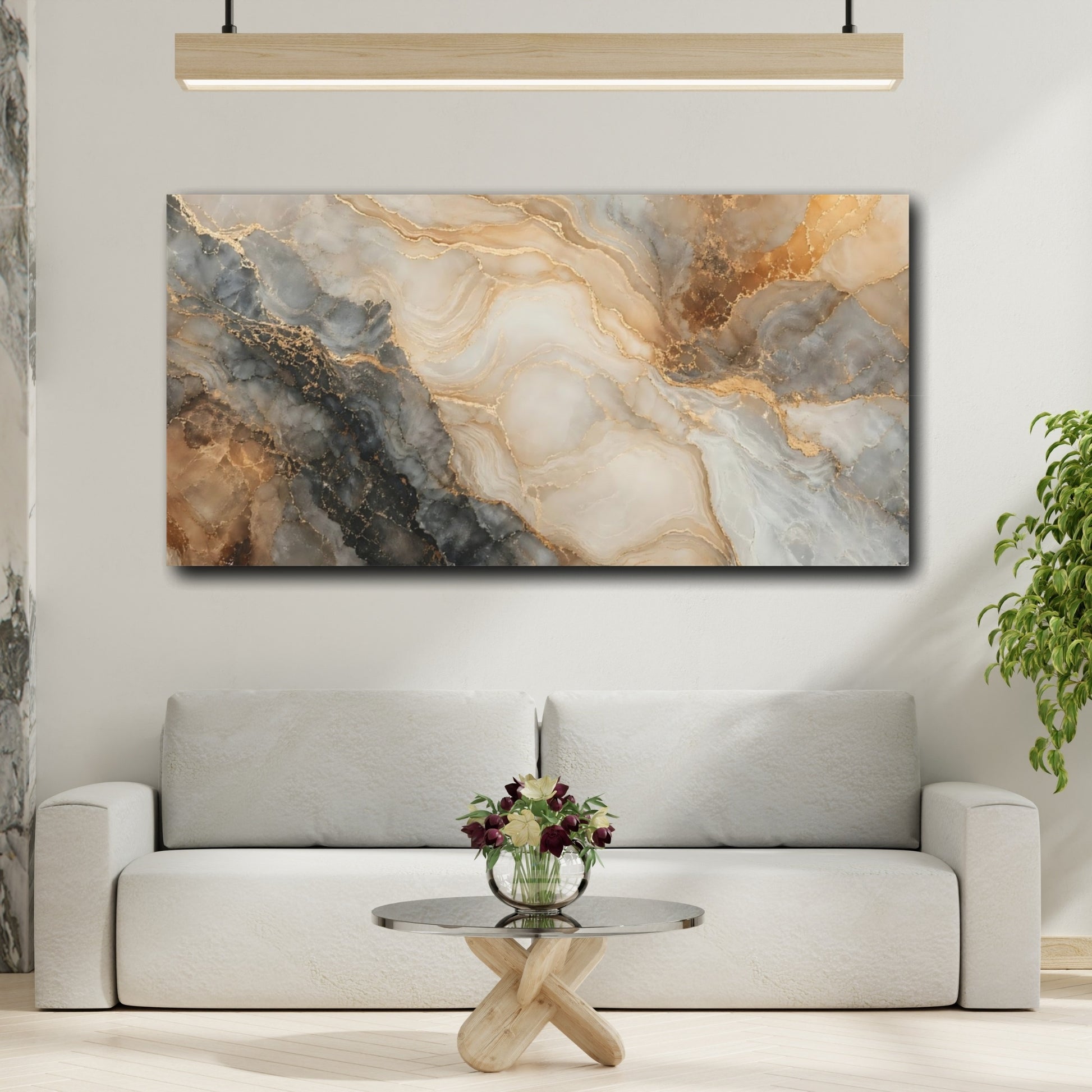 Mockup 3. Abstract Marble Texture Gold And Grey shown as stretched canvas wall art