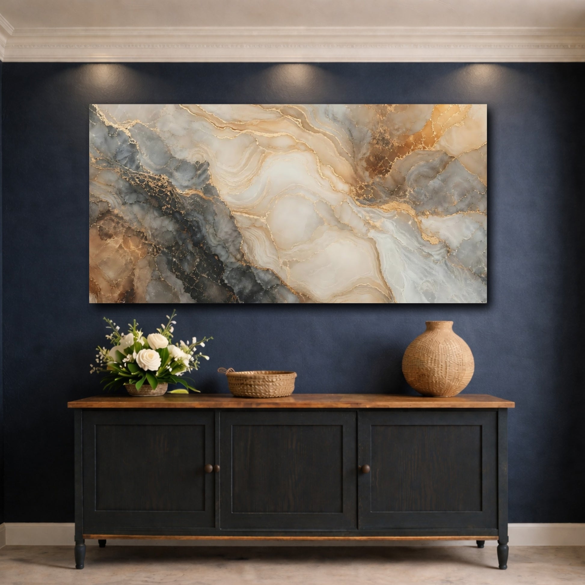 Mockup 4. Abstract Marble Texture Gold And Grey shown as stretched canvas wall art