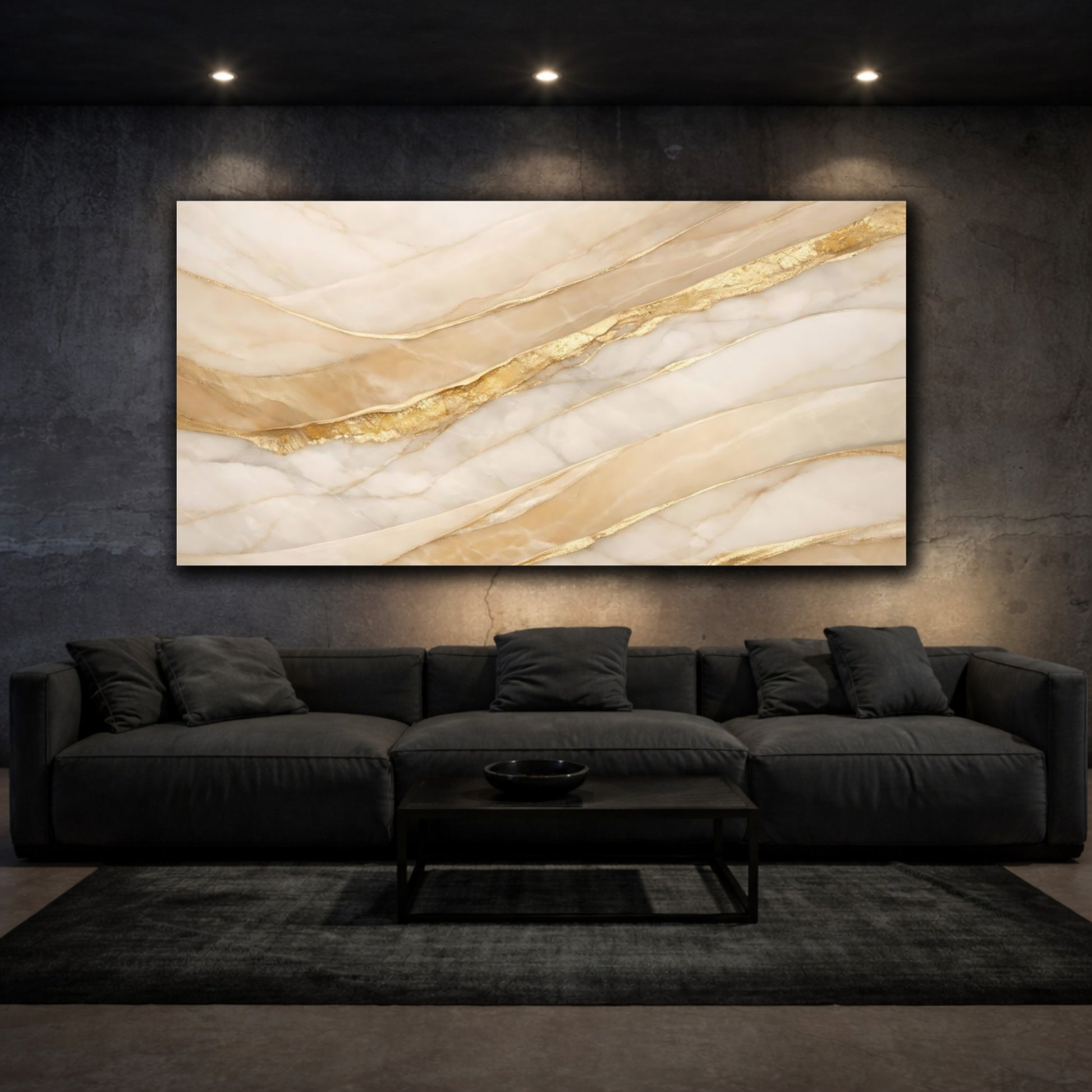 Mockup 2. Abstract Marble Texture Gold And White Marble shown as stretched canvas wall art