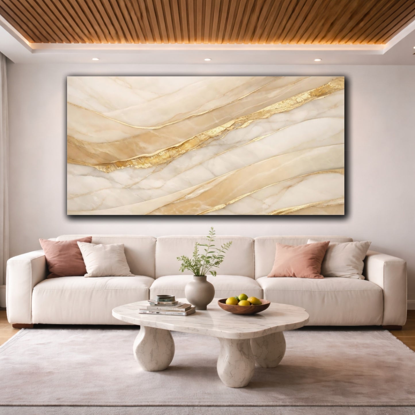 Mockup 3. Abstract Marble Texture Gold And White Marble shown as stretched canvas wall art