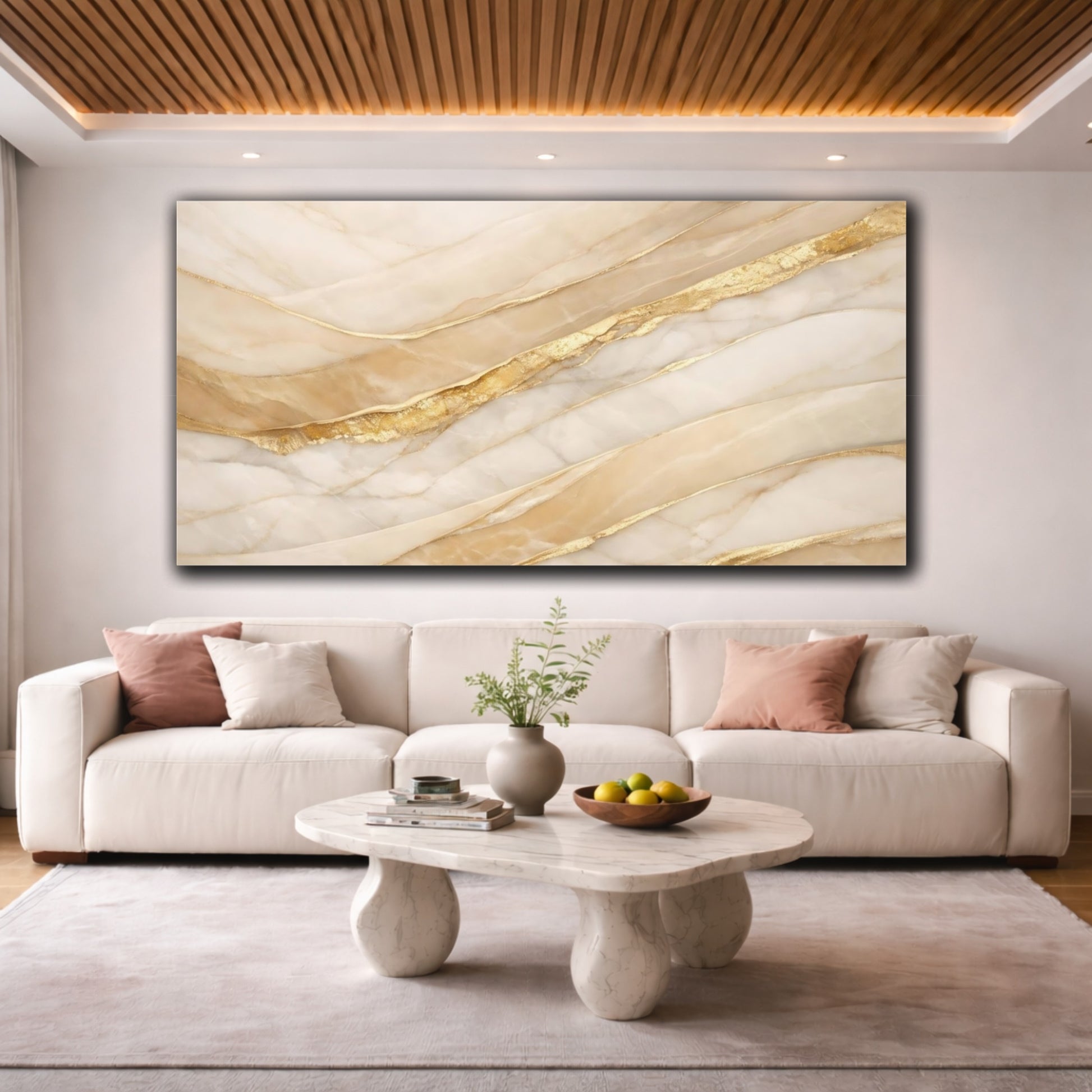 Mockup 3. Abstract Marble Texture Gold And White Marble shown as stretched canvas wall art