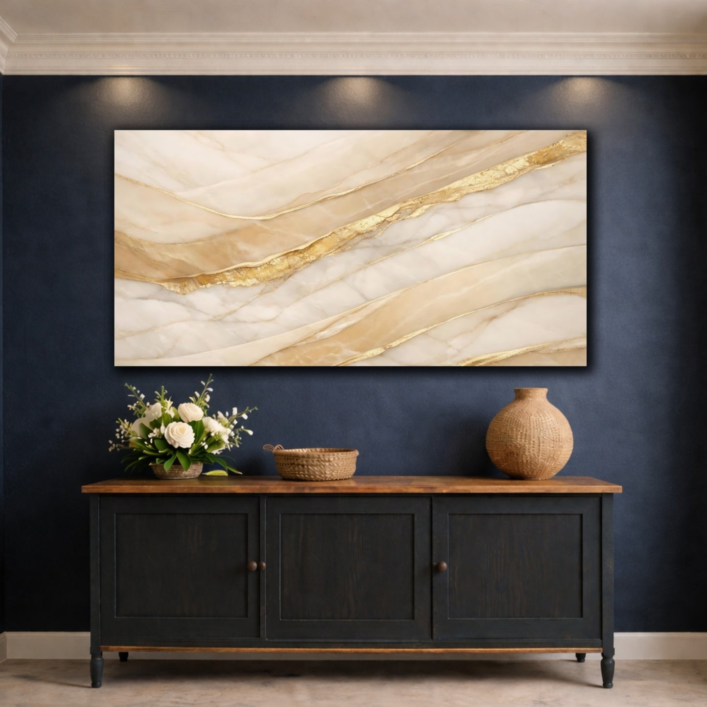 Mockup 4. Abstract Marble Texture Gold And White Marble shown as stretched canvas wall art