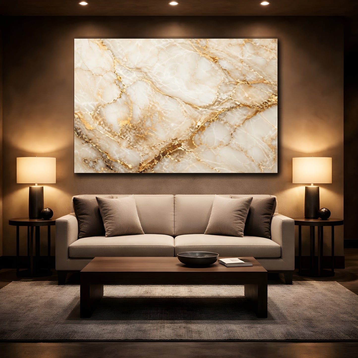 Mockup 2. Abstract Marble Texture Gold Marble shown as stretched canvas wall art