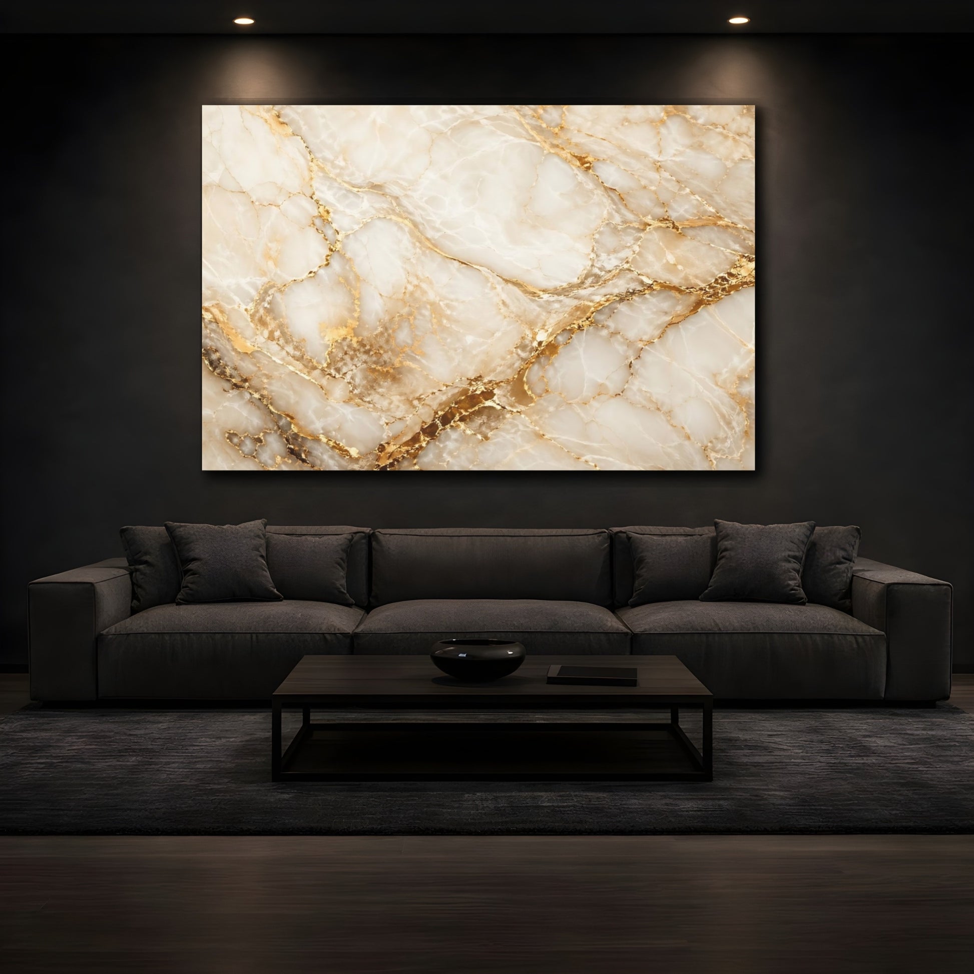 Mockup 3. Abstract Marble Texture Gold Marble shown as stretched canvas wall art