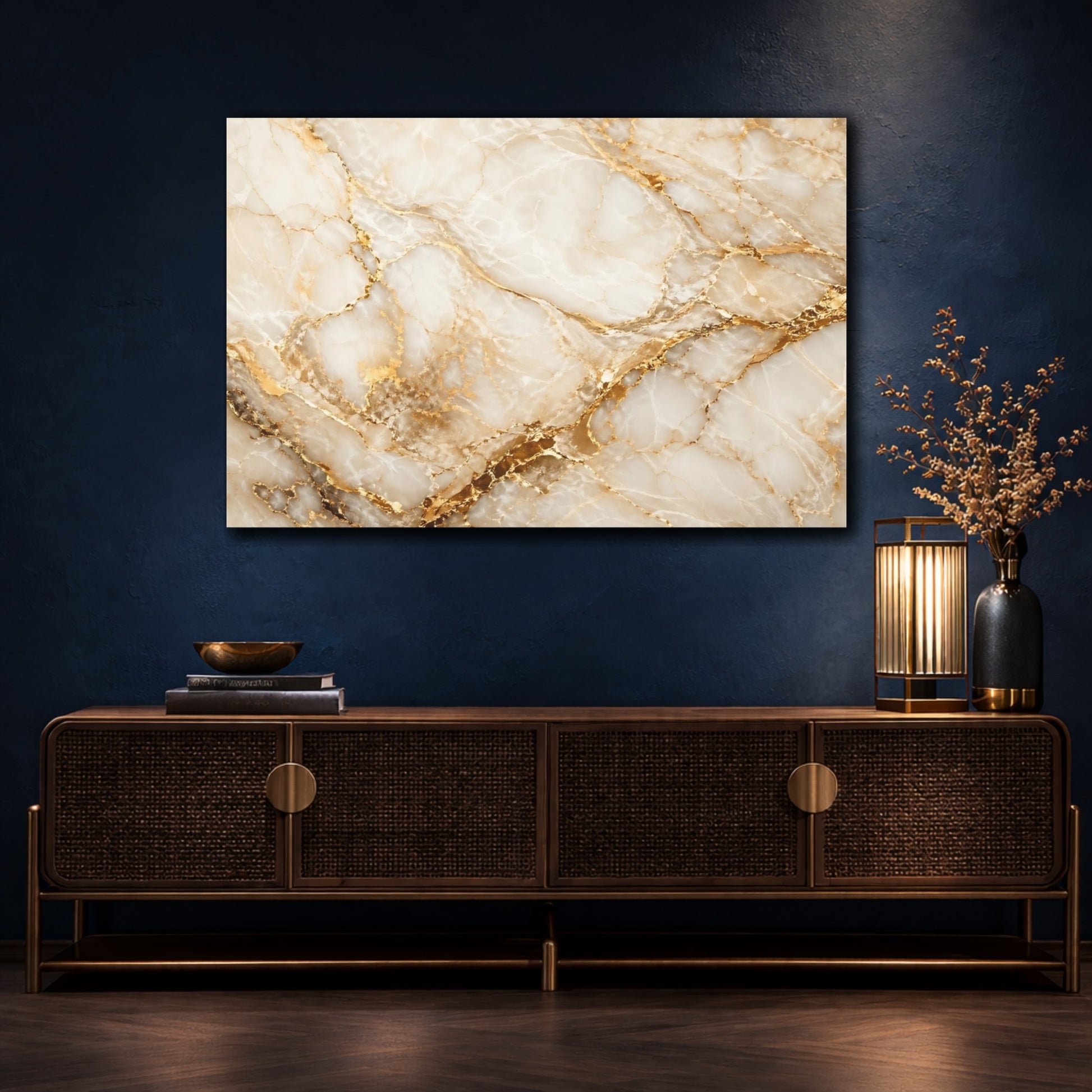 Mockup 4. Abstract Marble Texture Gold Marble shown as stretched canvas wall art