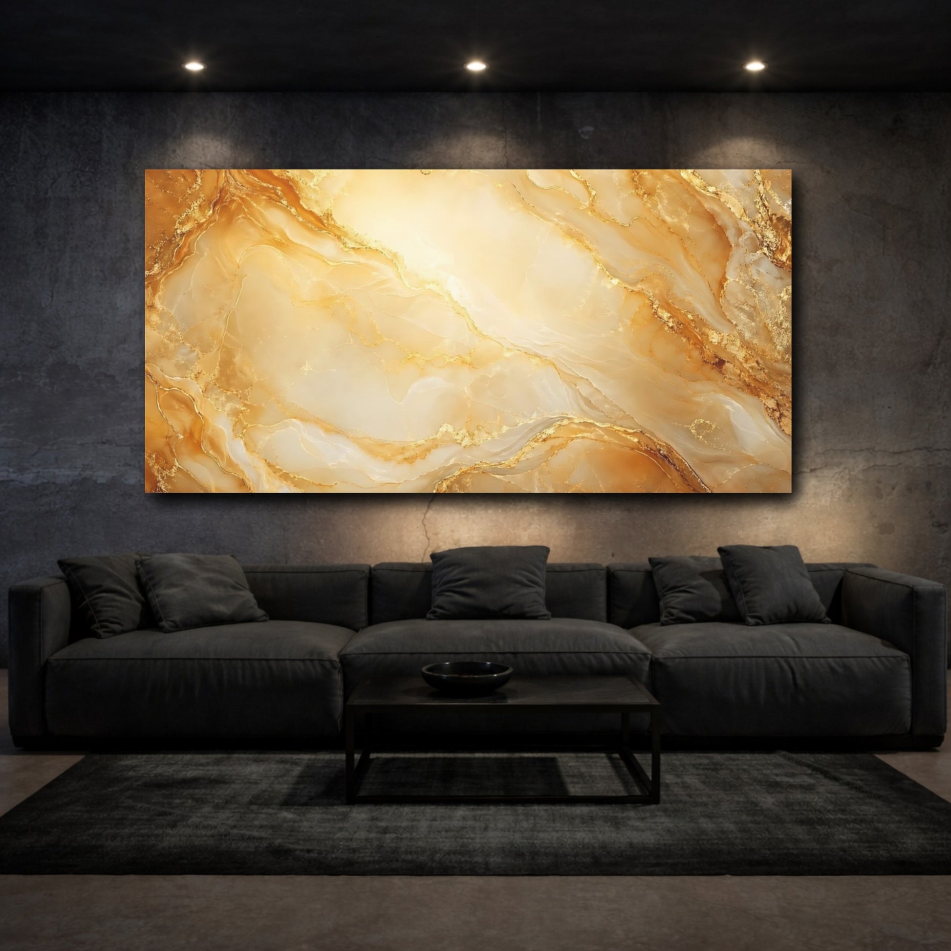 Mockup 2. Abstract Marble Texture Golden Marble shown as stretched canvas wall art
