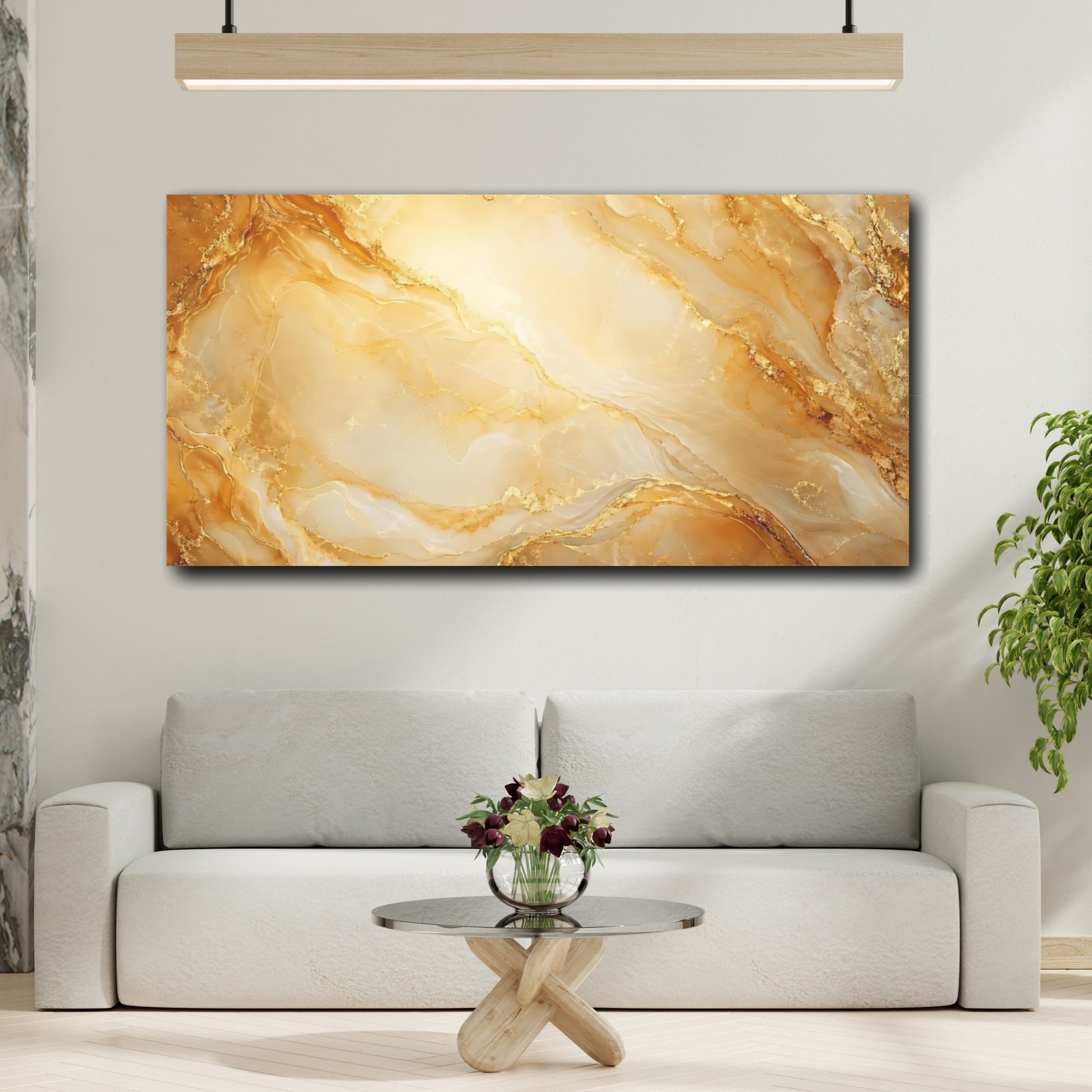 Mockup 3. Abstract Marble Texture Golden Marble shown as stretched canvas wall art