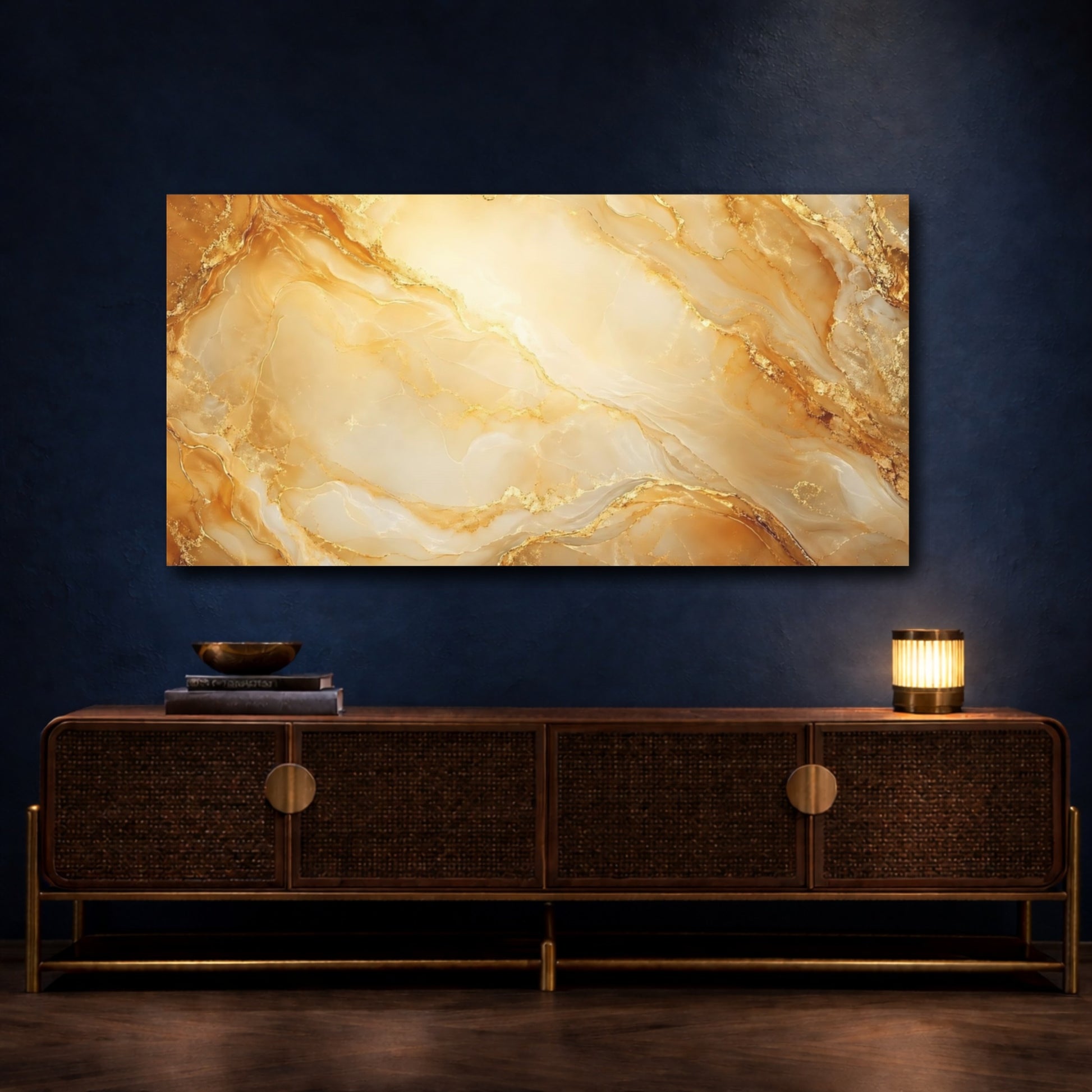 Mockup 4. Abstract Marble Texture Golden Marble shown as stretched canvas wall art