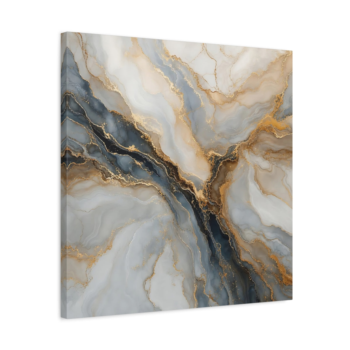 Side Mockup 4. Abstract Marble Texture Gray Gold Marble shown as stretched canvas wall art