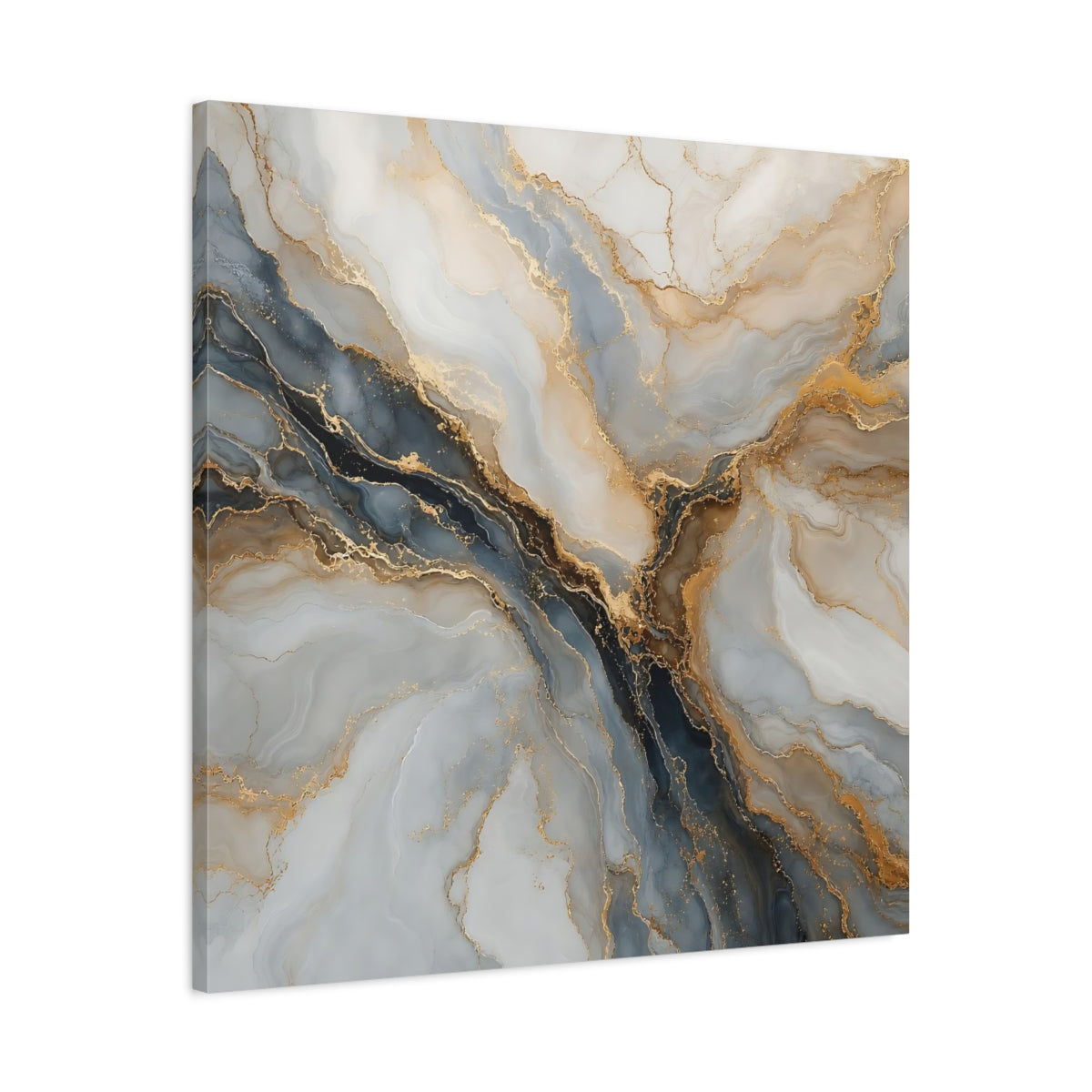 Side Mockup 3. Abstract Marble Texture Gray Gold Marble shown as stretched canvas wall art