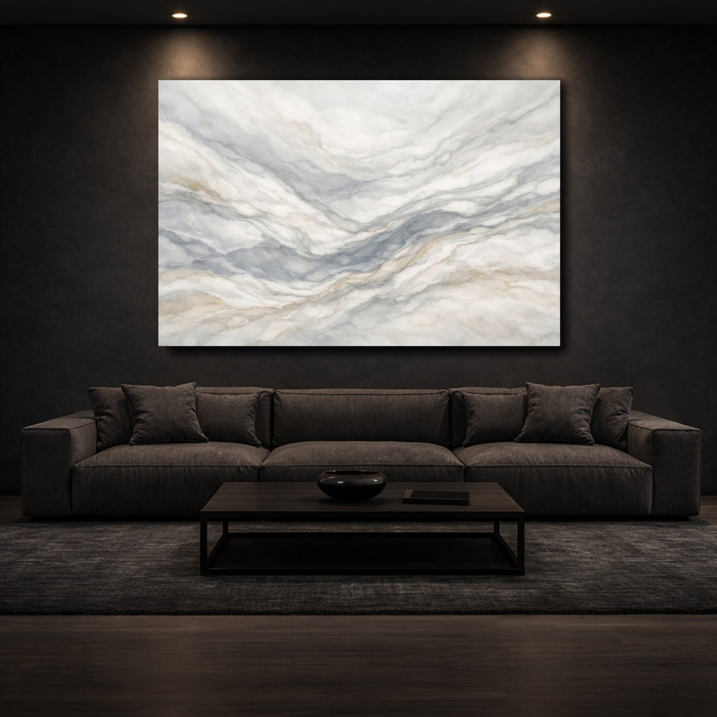 Mockup 2. Abstract Marble Texture Gray Gold Marble shown as stretched canvas wall art