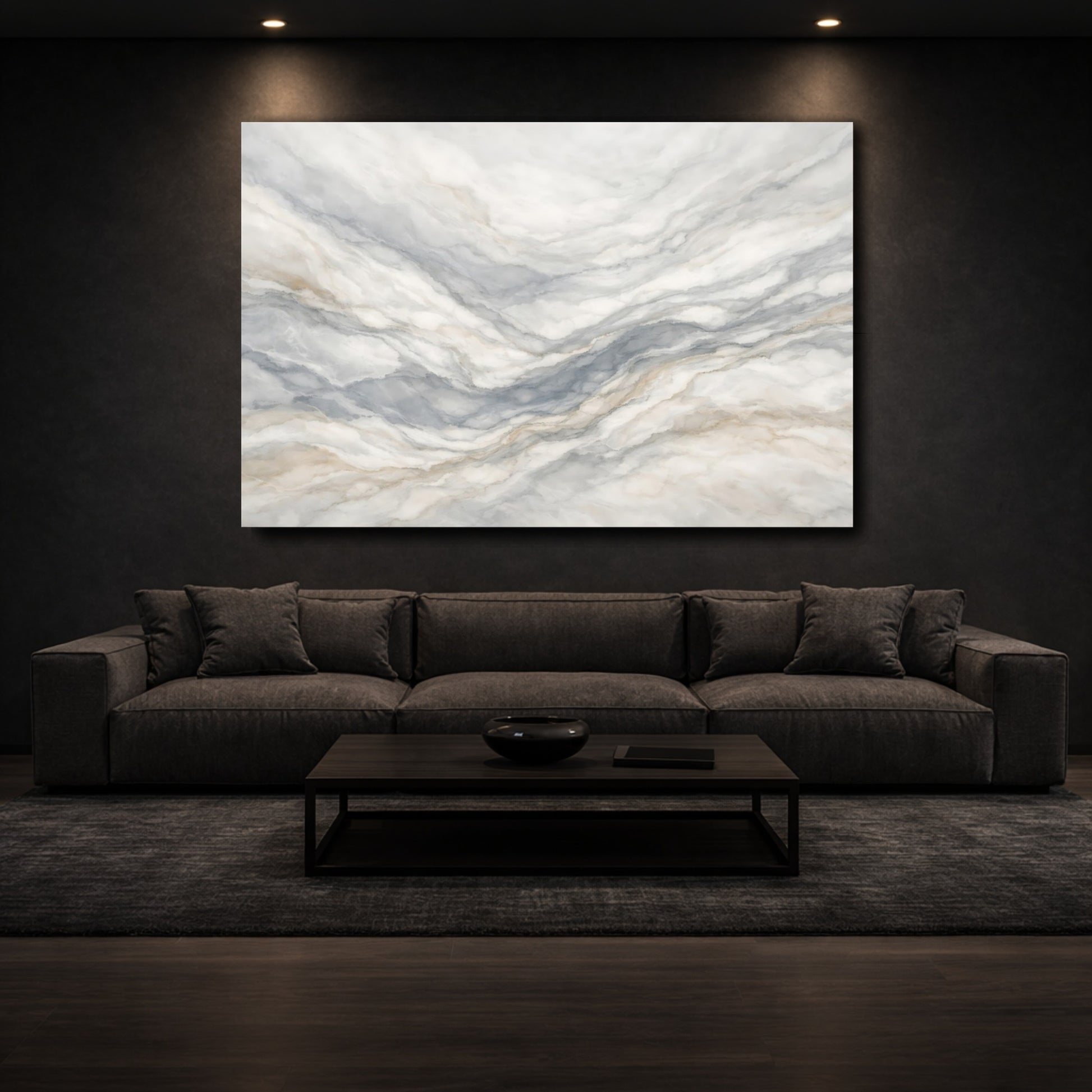 Mockup 2. Abstract Marble Texture Gray Gold Marble shown as stretched canvas wall art
