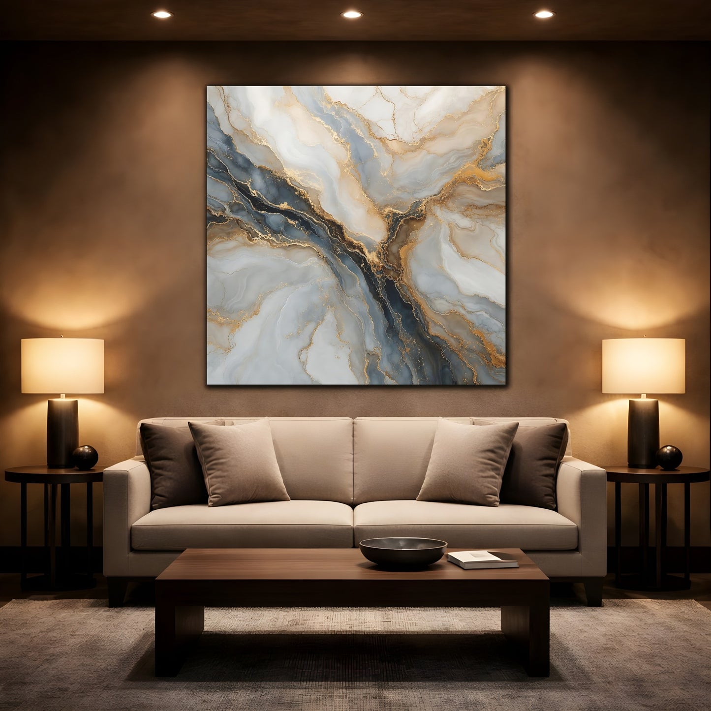 Mockup 2. Abstract Marble Texture Gray Gold Marble shown as stretched canvas wall art