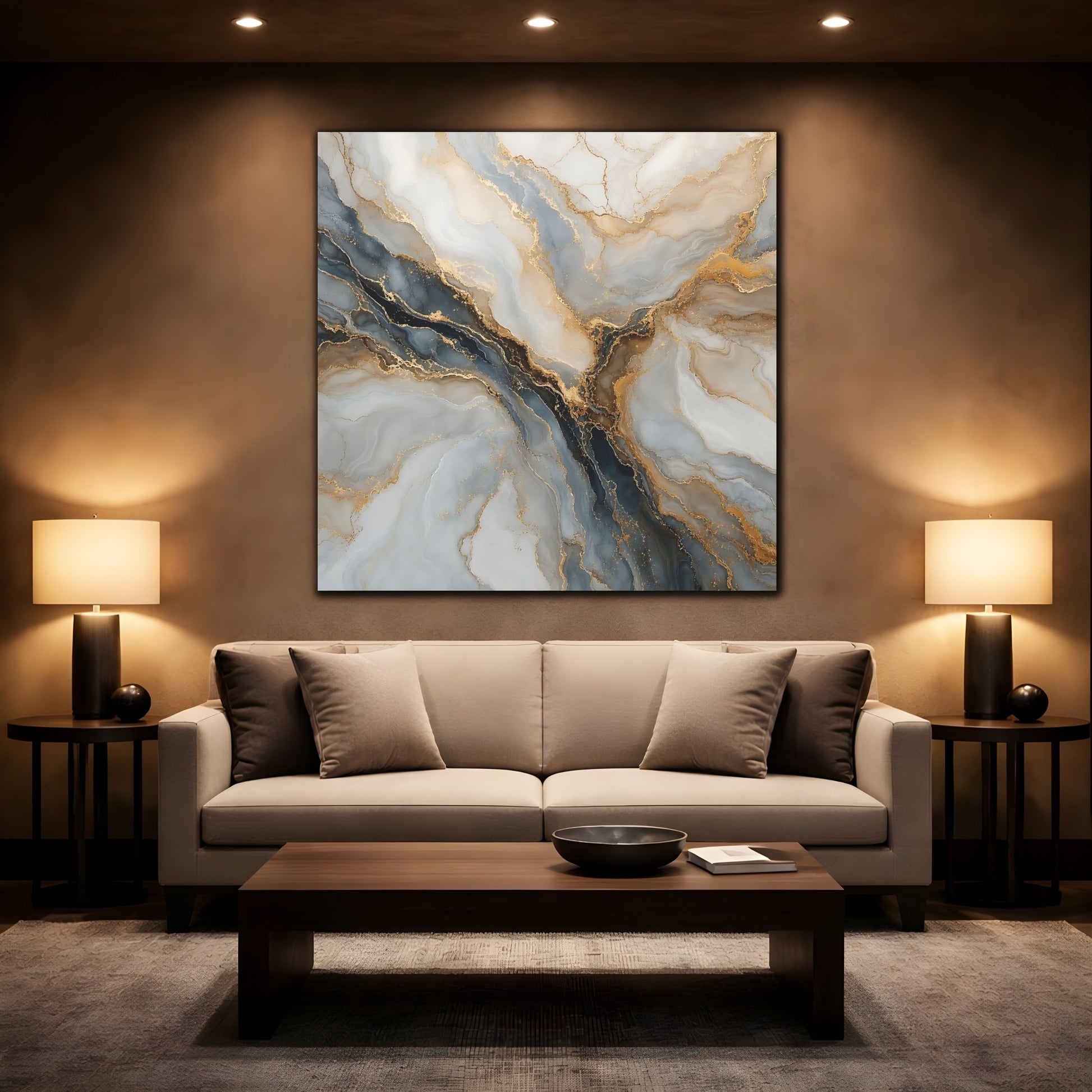 Mockup 2. Abstract Marble Texture Gray Gold Marble shown as stretched canvas wall art
