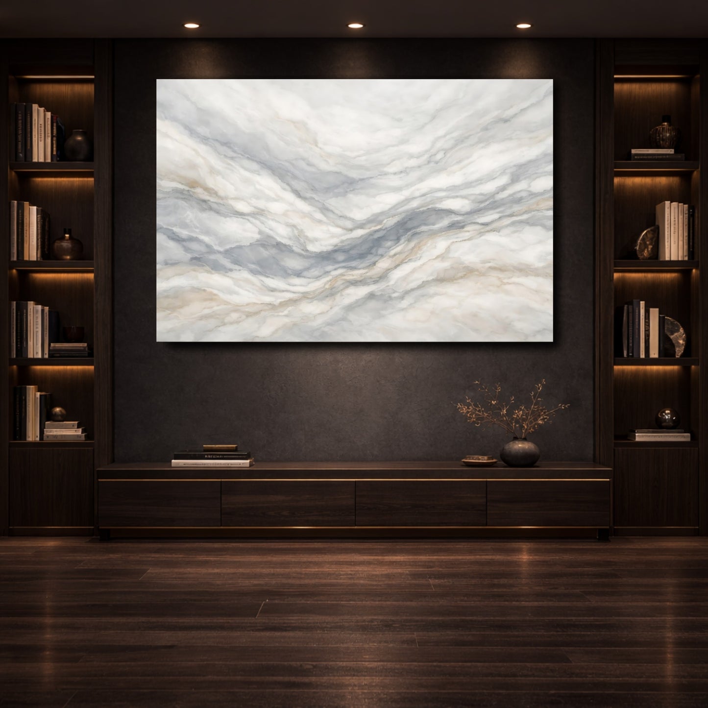 Mockup 3. Abstract Marble Texture Gray Gold Marble shown as stretched canvas wall art