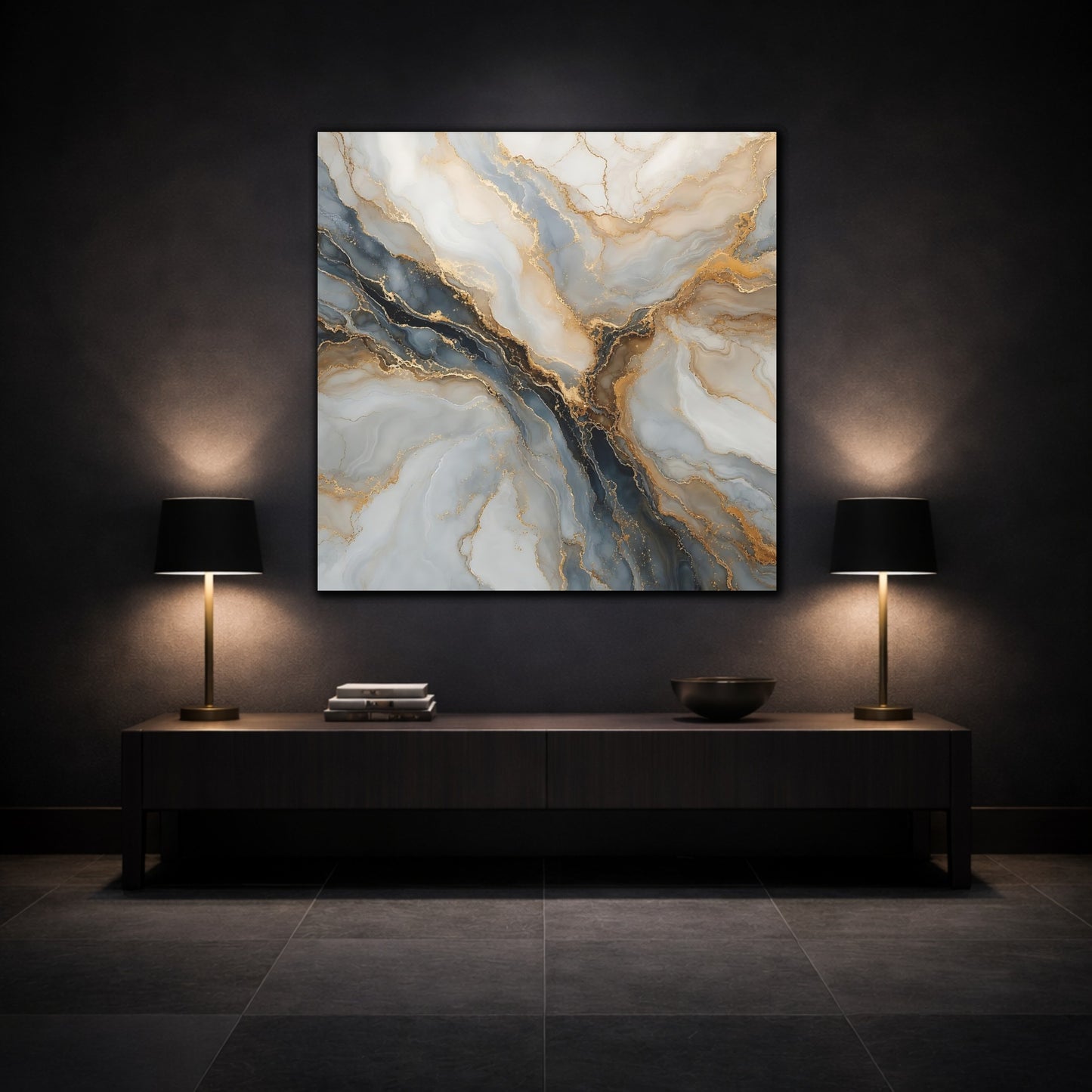 Mockup 3. Abstract Marble Texture Gray Gold Marble shown as stretched canvas wall art