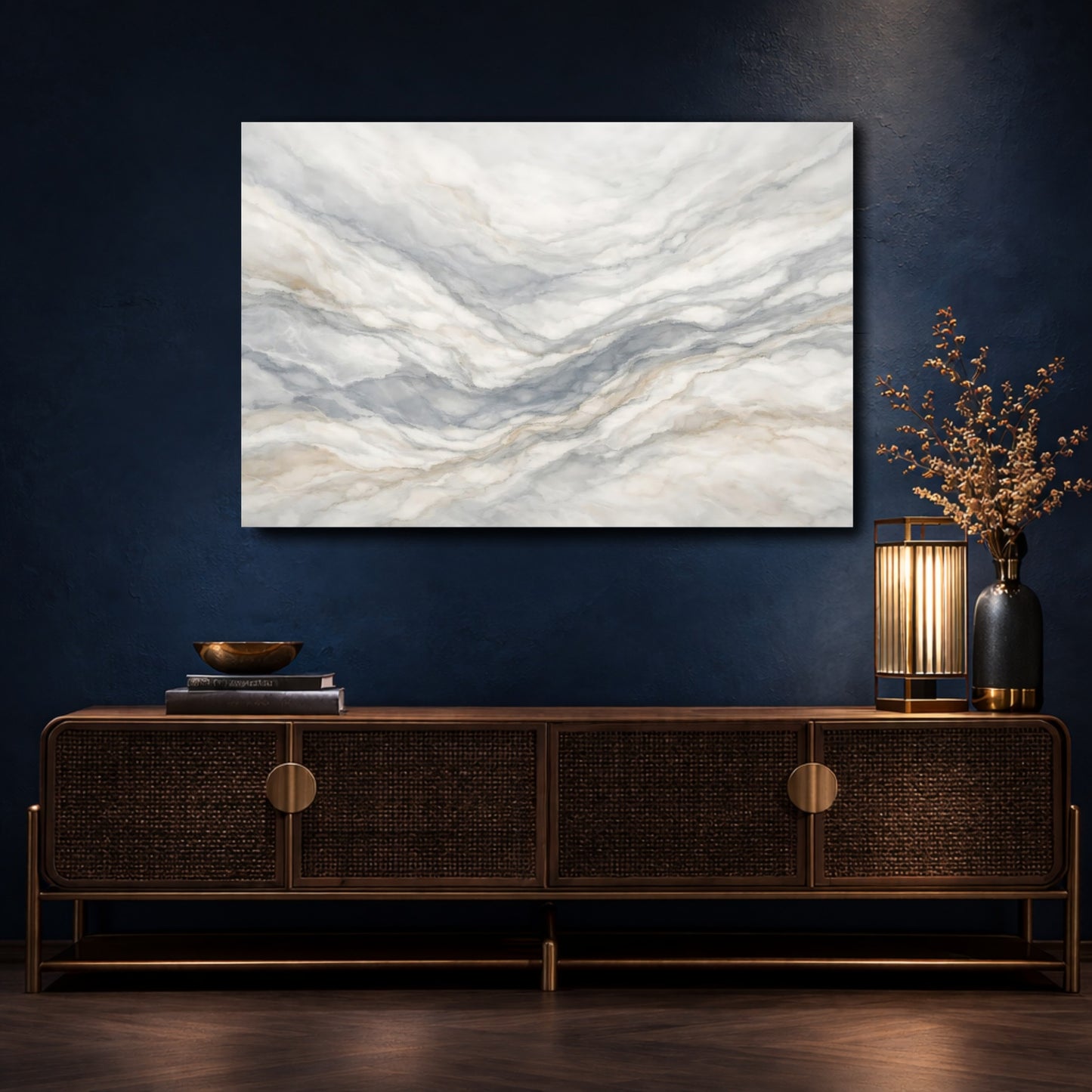 Mockup 4. Abstract Marble Texture Gray Gold Marble shown as stretched canvas wall art