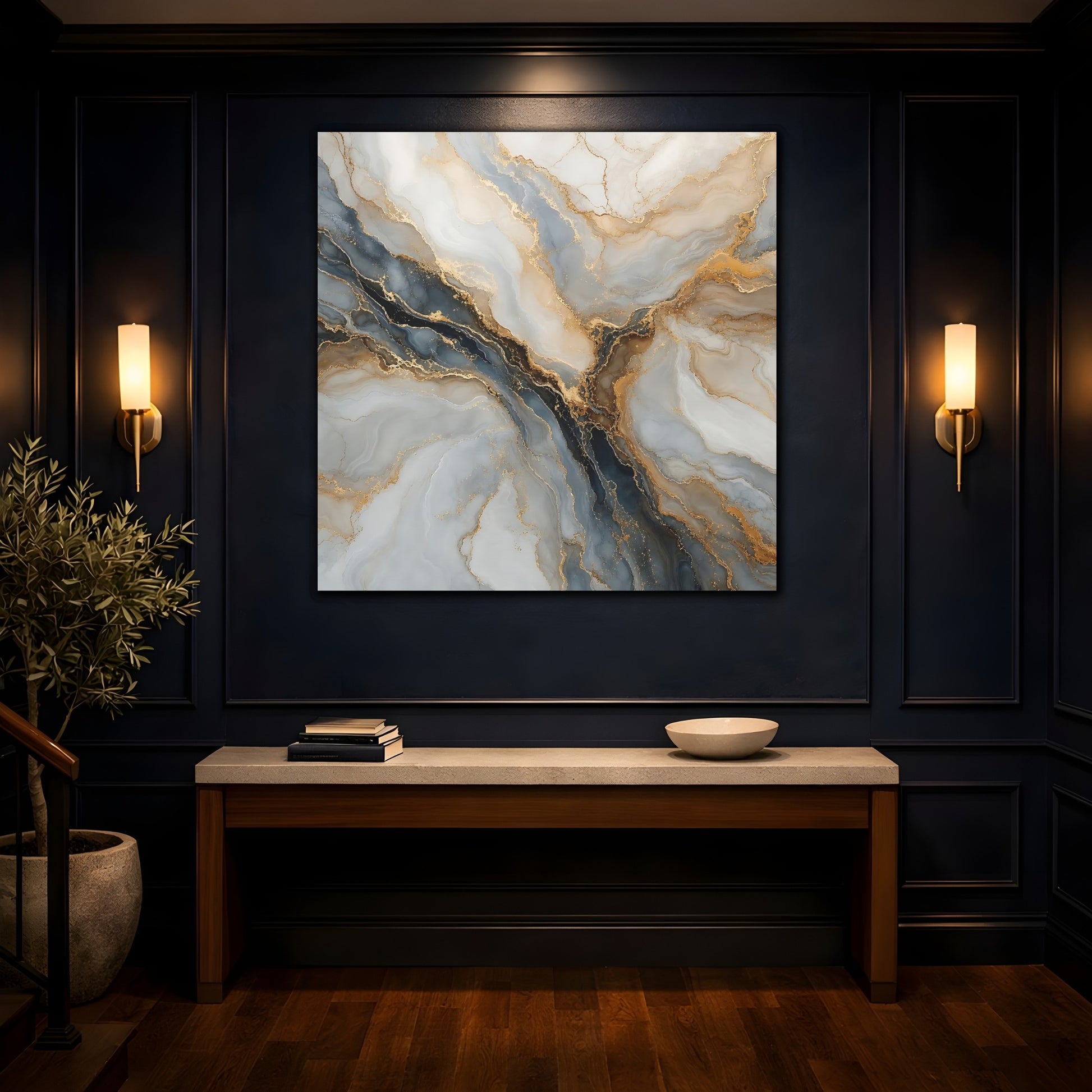 Mockup 4. Abstract Marble Texture Gray Gold Marble shown as stretched canvas wall art