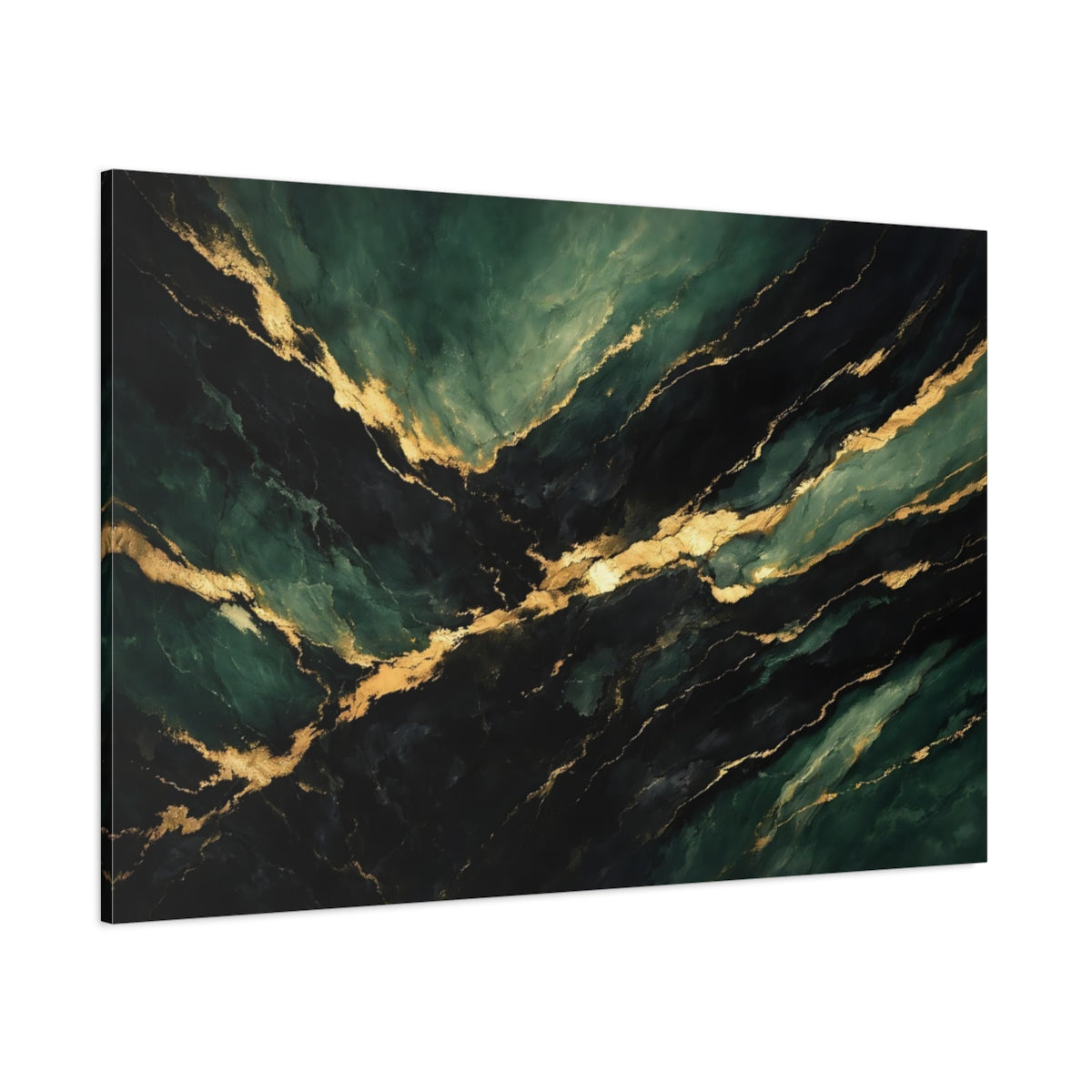 Main Mockup. Abstract Marble Texture Green And Gold shown as stretched canvas wall art