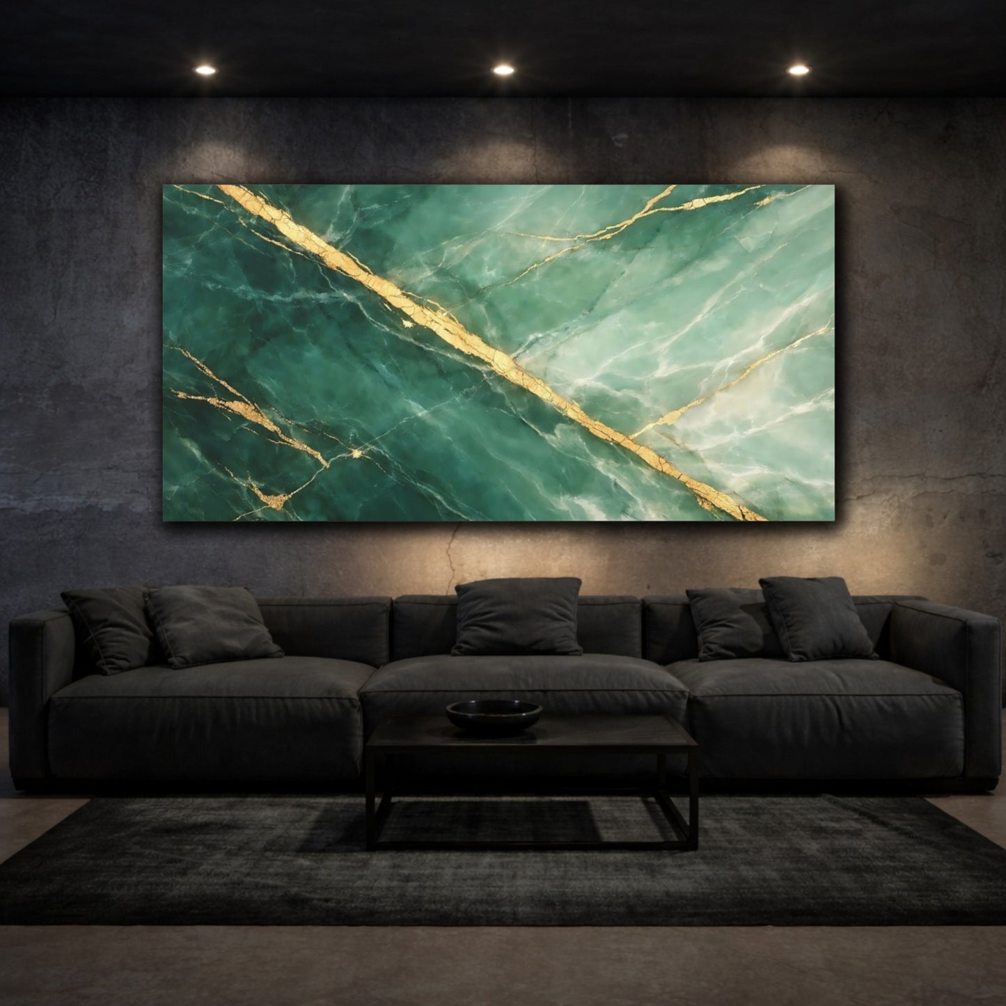 Mockup 2. Abstract Marble Texture Green And Gold Marble shown as stretched canvas wall art
