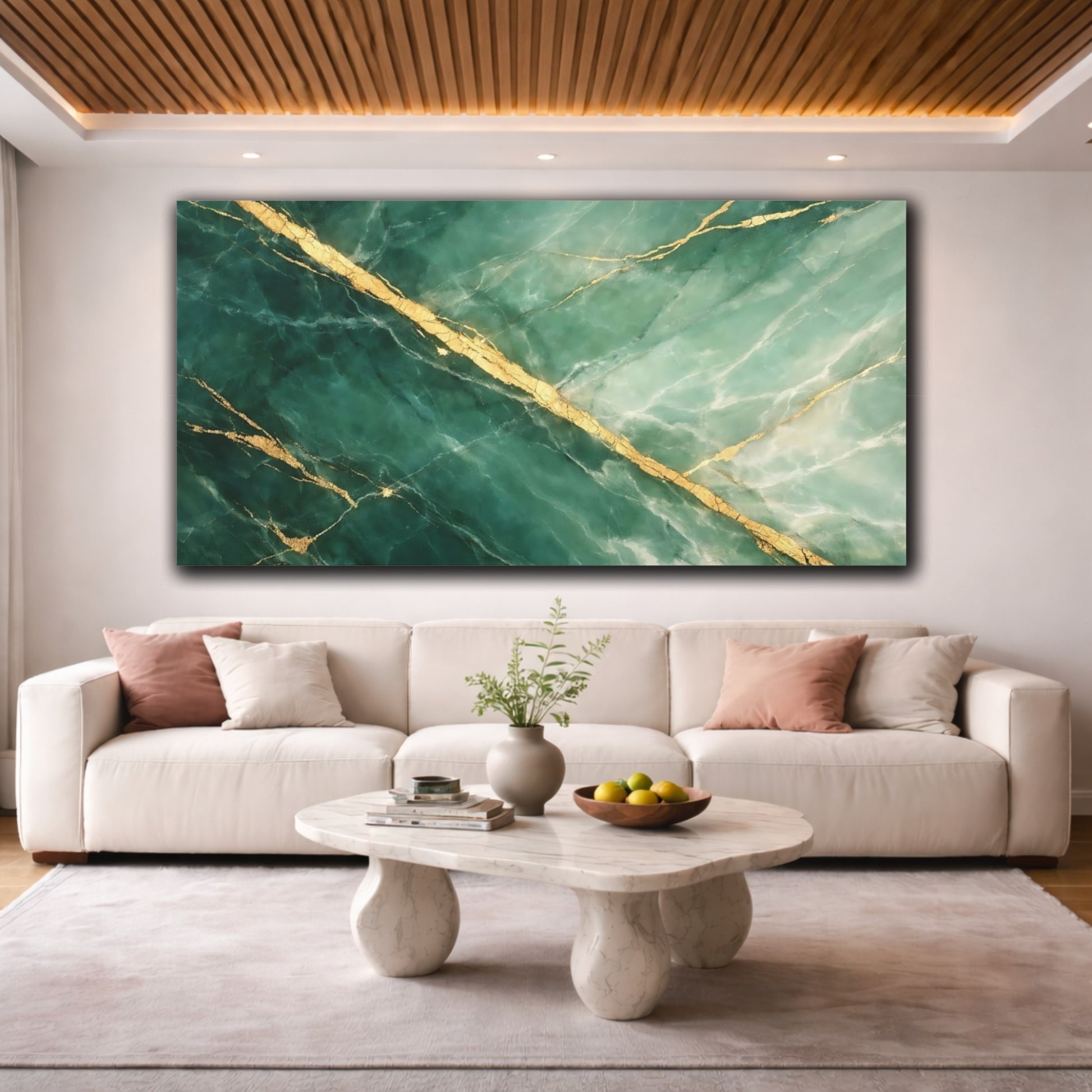 Mockup 3. Abstract Marble Texture Green And Gold Marble shown as stretched canvas wall art
