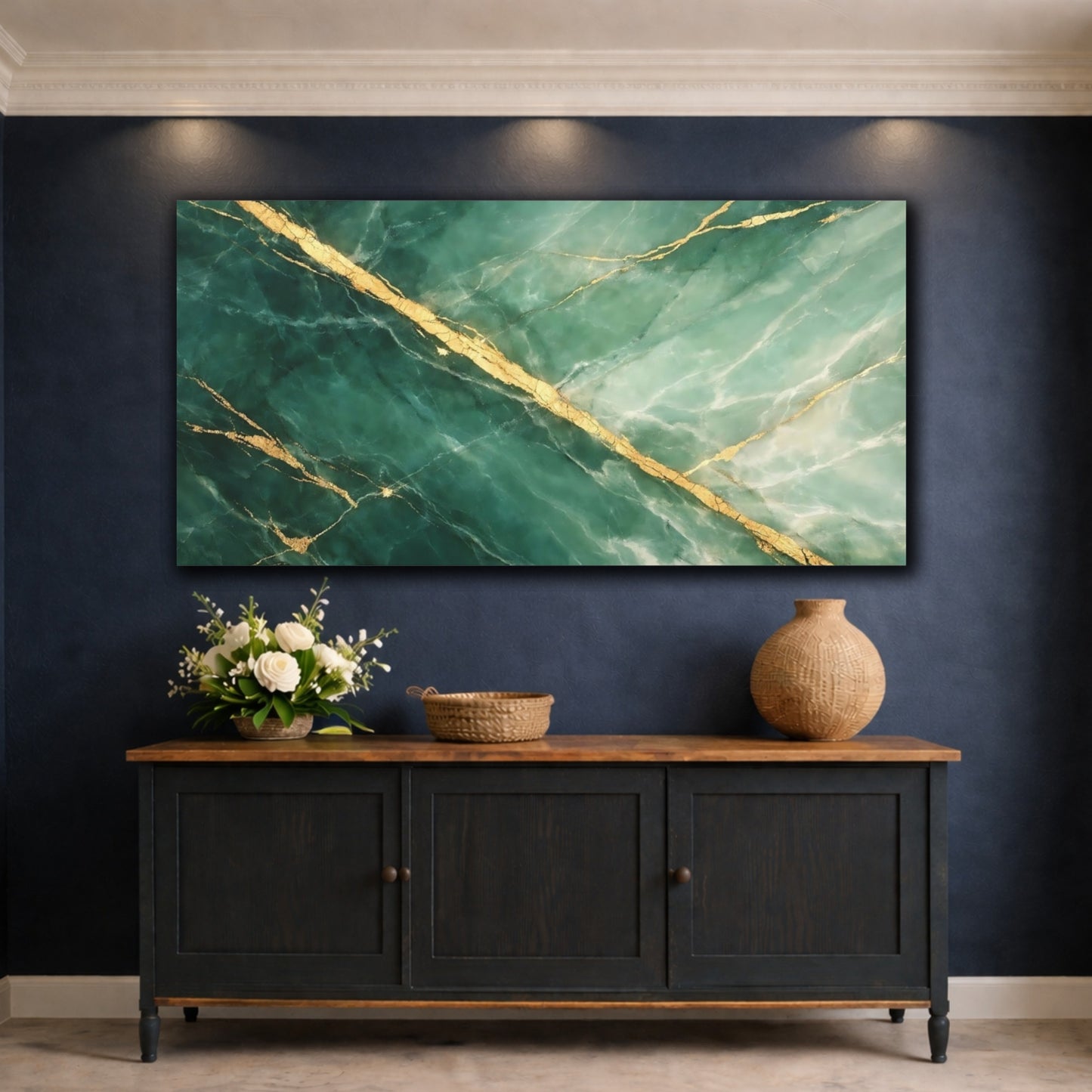 Mockup 4. Abstract Marble Texture Green And Gold Marble shown as stretched canvas wall art