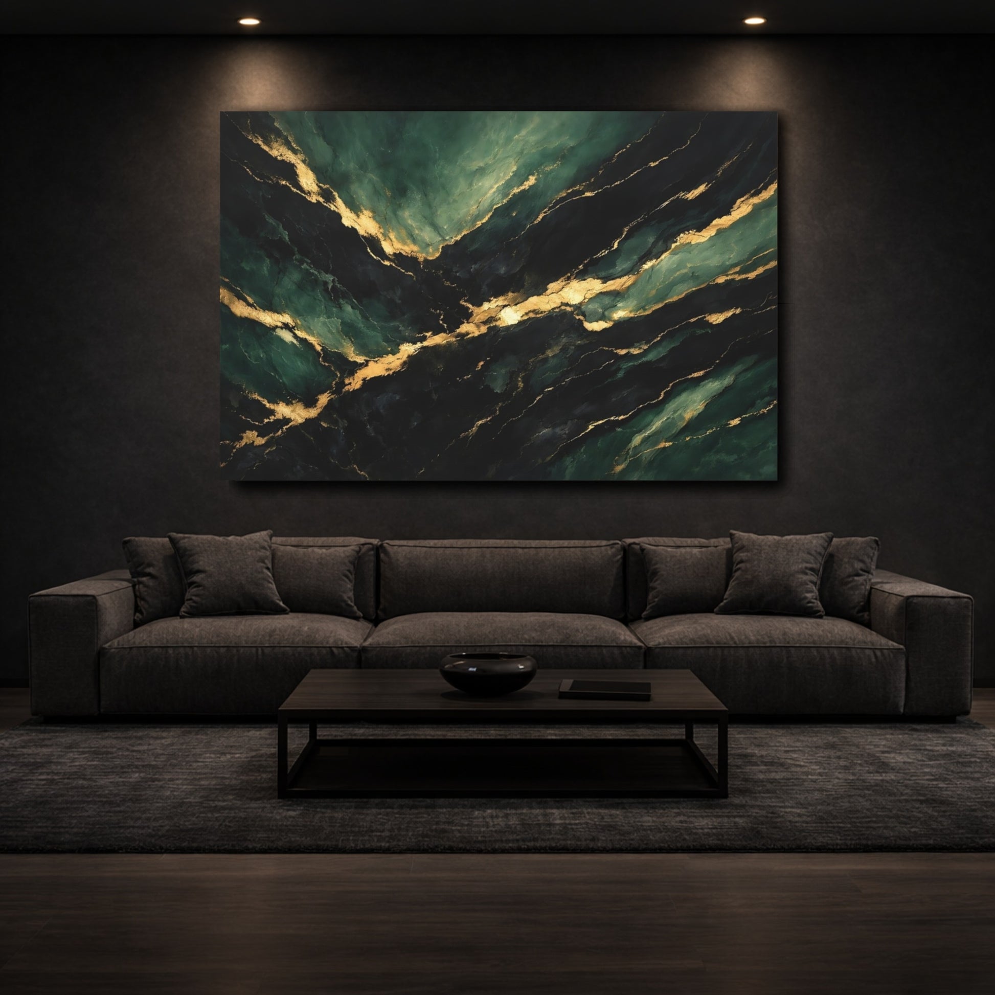 Mockup 2. Abstract Marble Texture Green And Gold shown as stretched canvas wall art