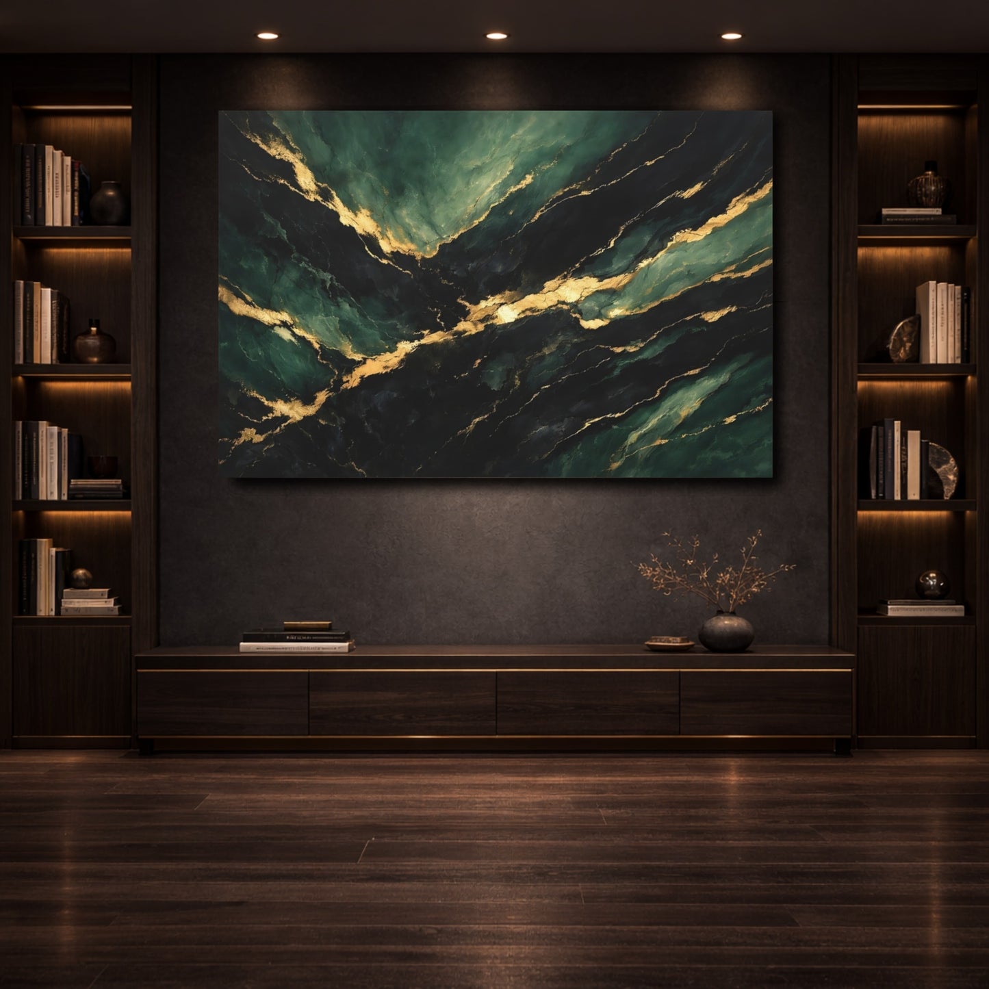 Mockup 3. Abstract Marble Texture Green And Gold shown as stretched canvas wall art