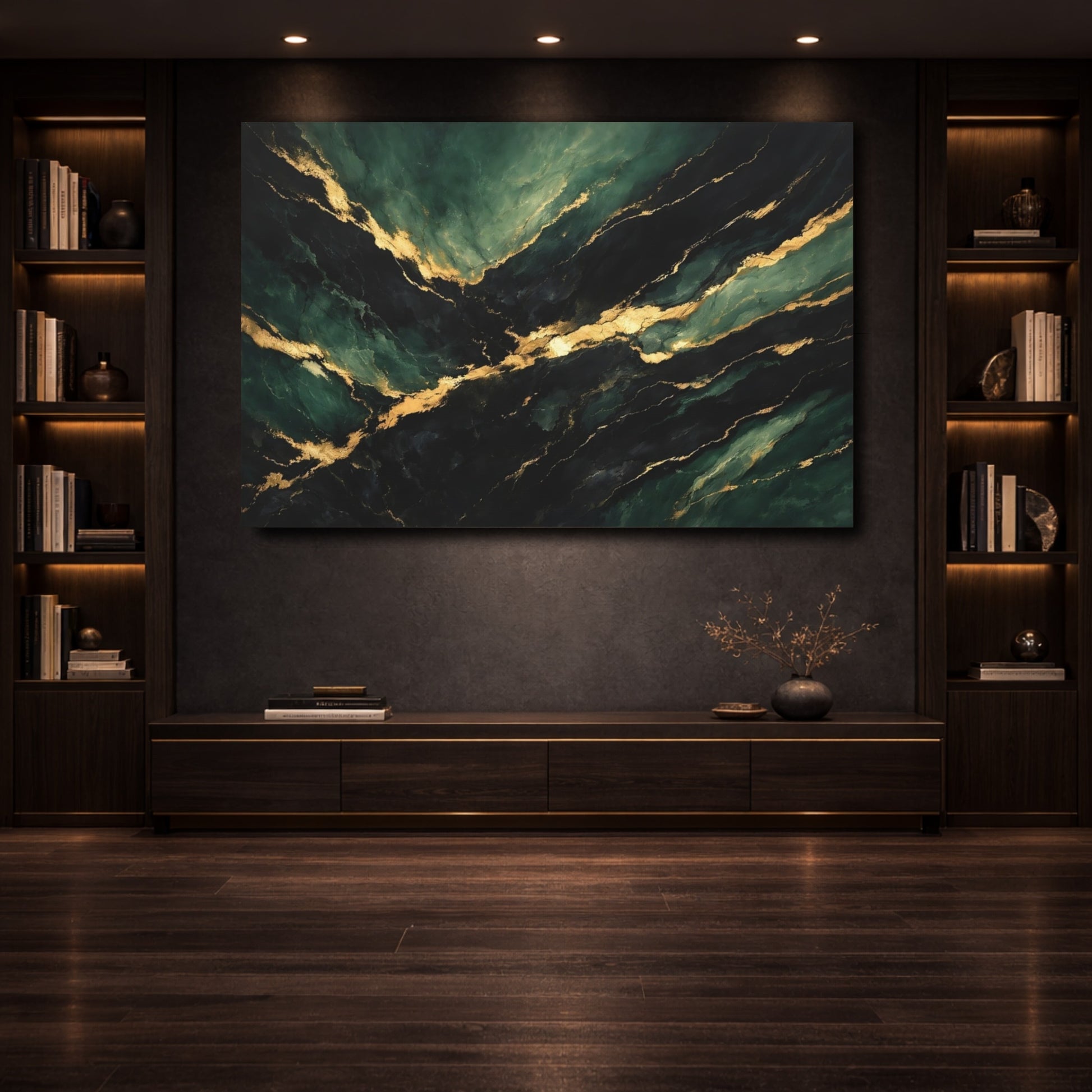 Mockup 3. Abstract Marble Texture Green And Gold shown as stretched canvas wall art