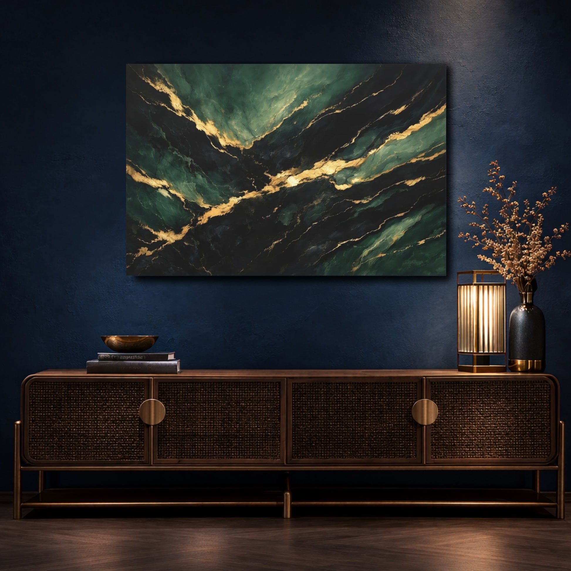 Mockup 4. Abstract Marble Texture Green And Gold shown as stretched canvas wall art