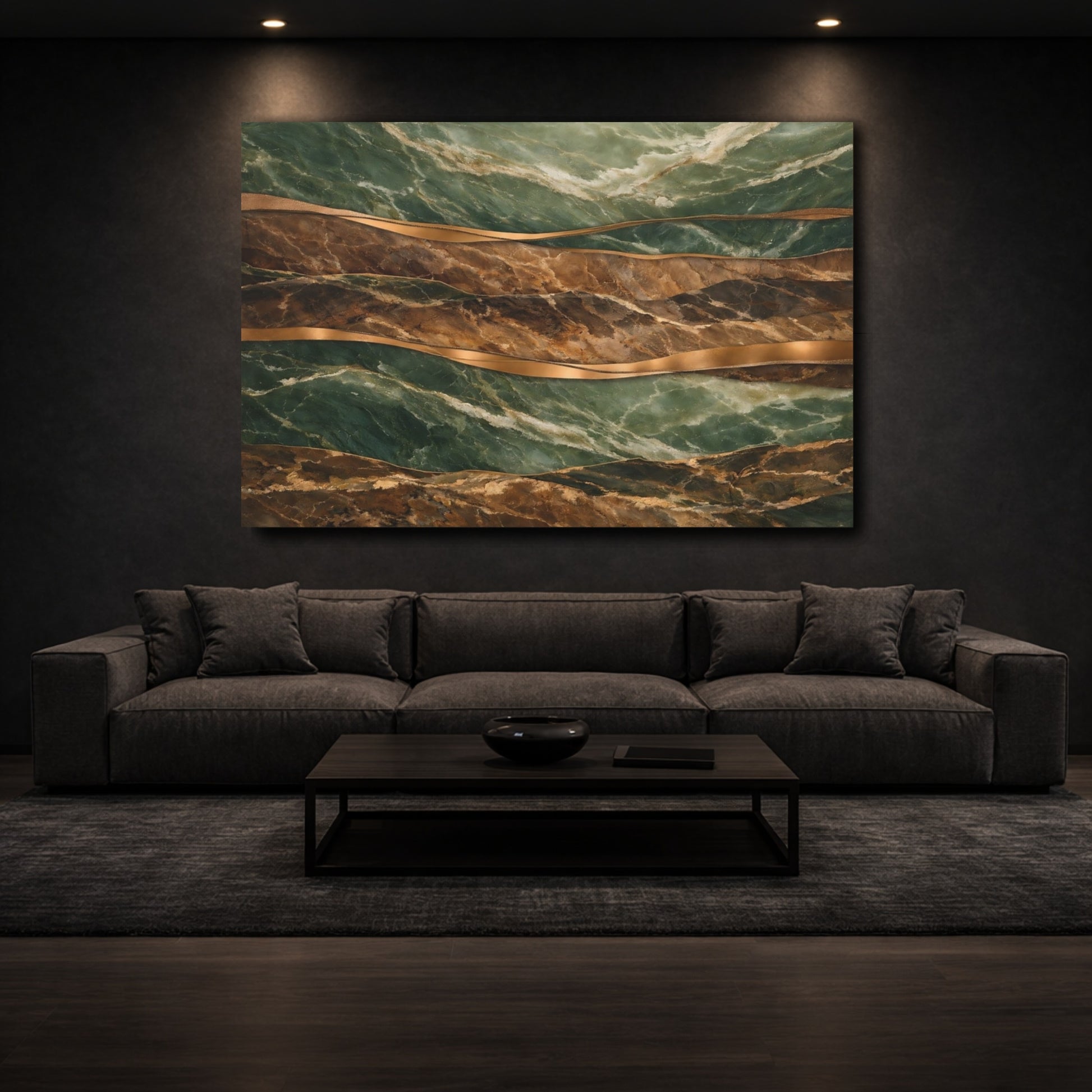 Mockup 2. Abstract Marble Texture Green Gold Marble shown as stretched canvas wall art