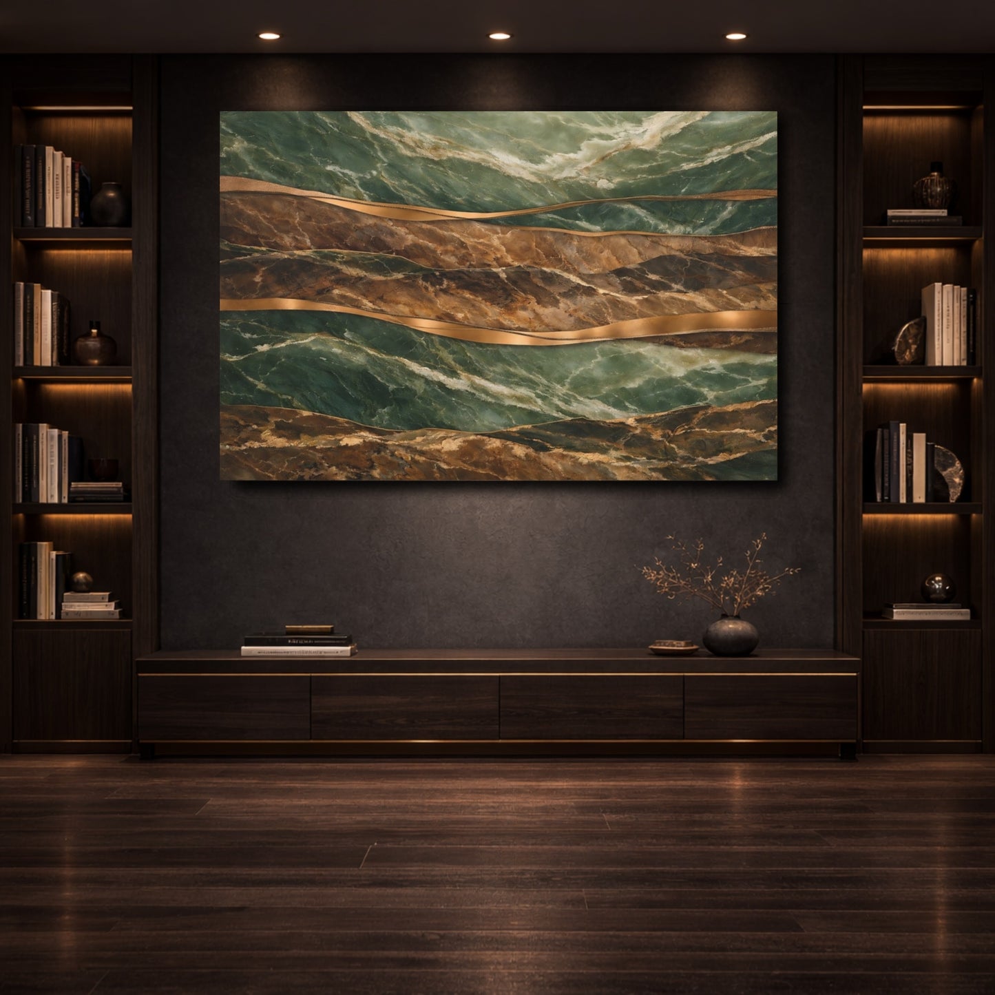 Mockup 3. Abstract Marble Texture Green Gold Marble shown as stretched canvas wall art