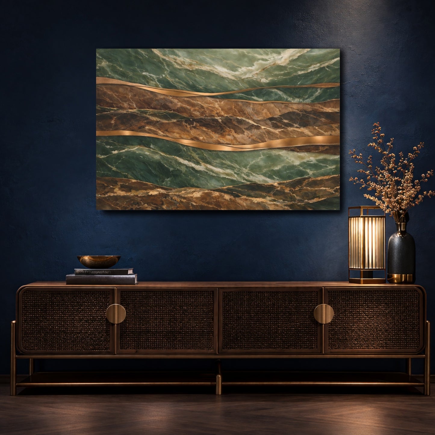 Mockup 4. Abstract Marble Texture Green Gold Marble shown as stretched canvas wall art