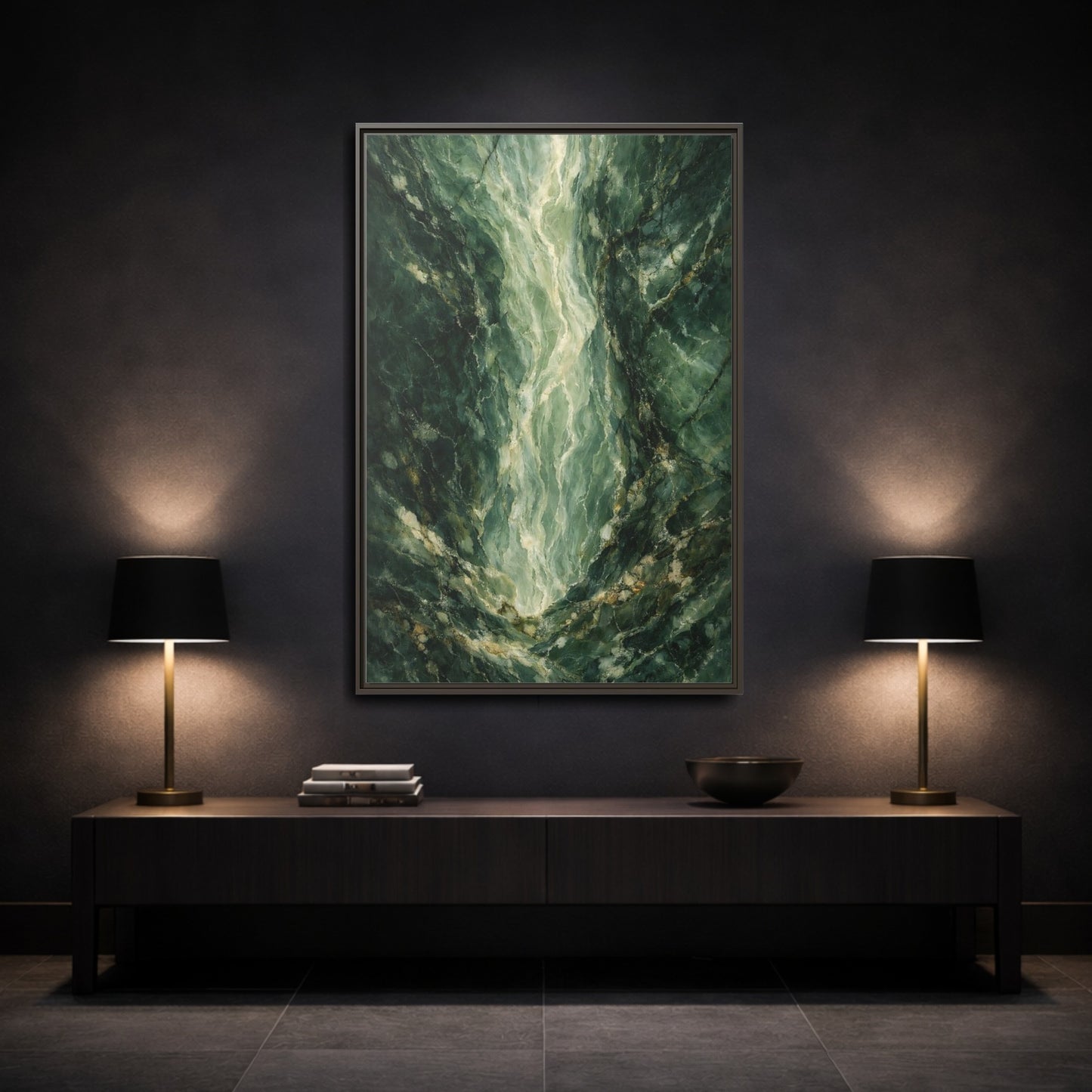 Mockup 2. Abstract Marble Texture Green Marble shown as stretched canvas wall art