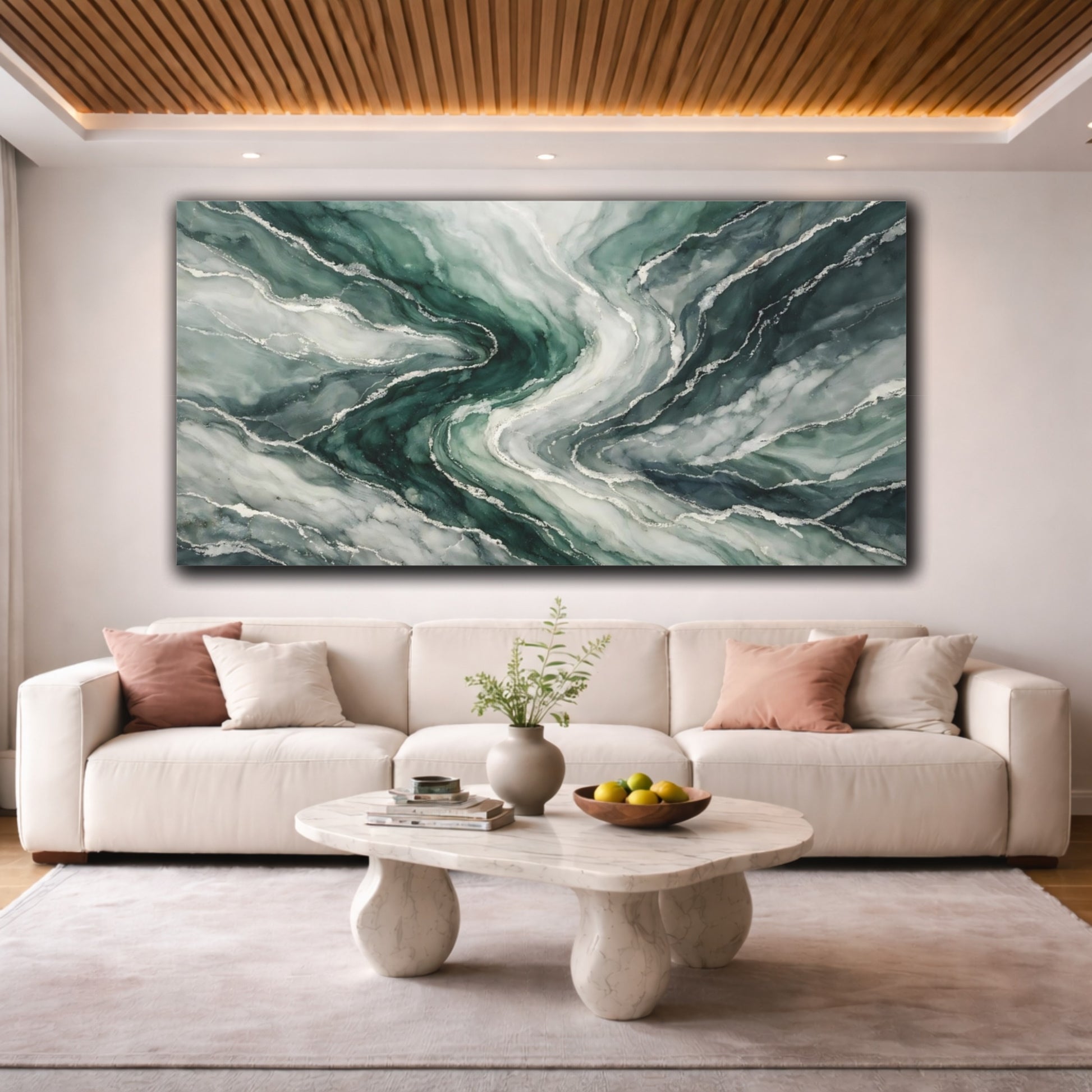 Mockup 3. Abstract Marble Texture Green Marble shown as stretched canvas wall art