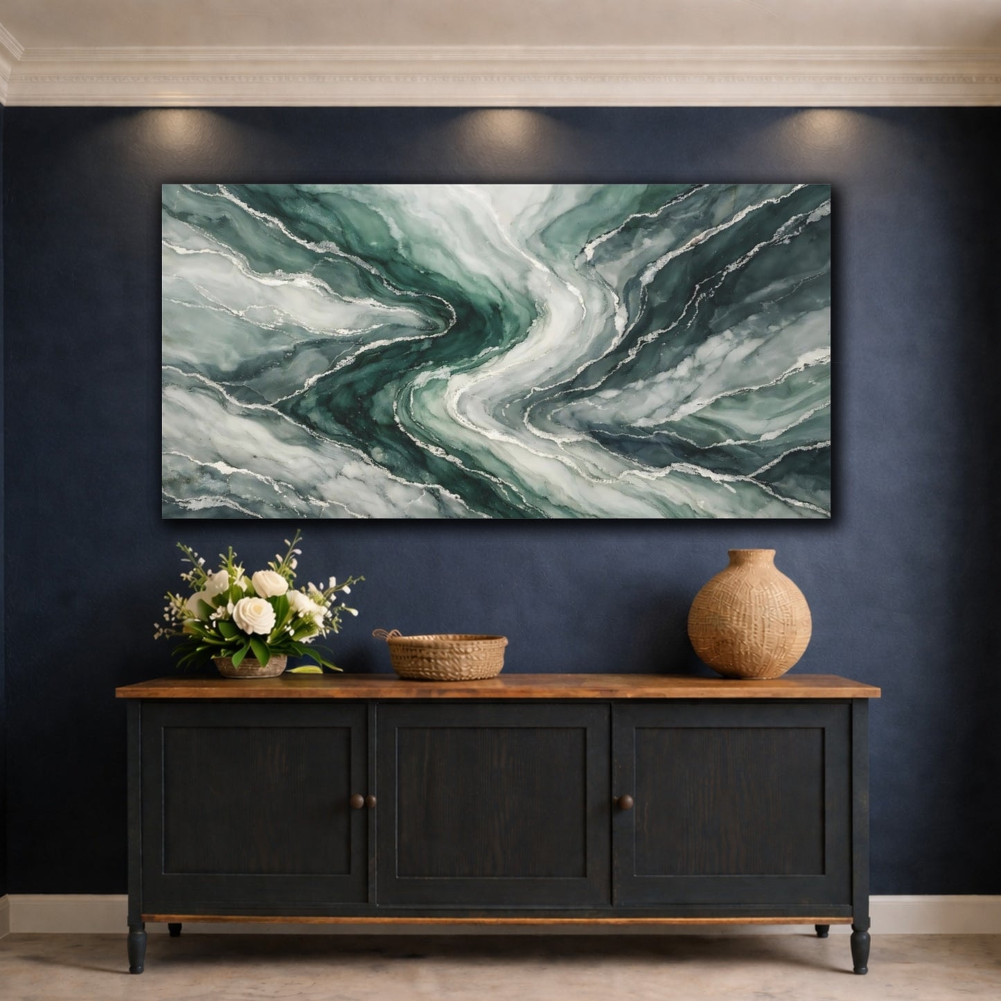 Mockup 4. Abstract Marble Texture Green Marble shown as stretched canvas wall art