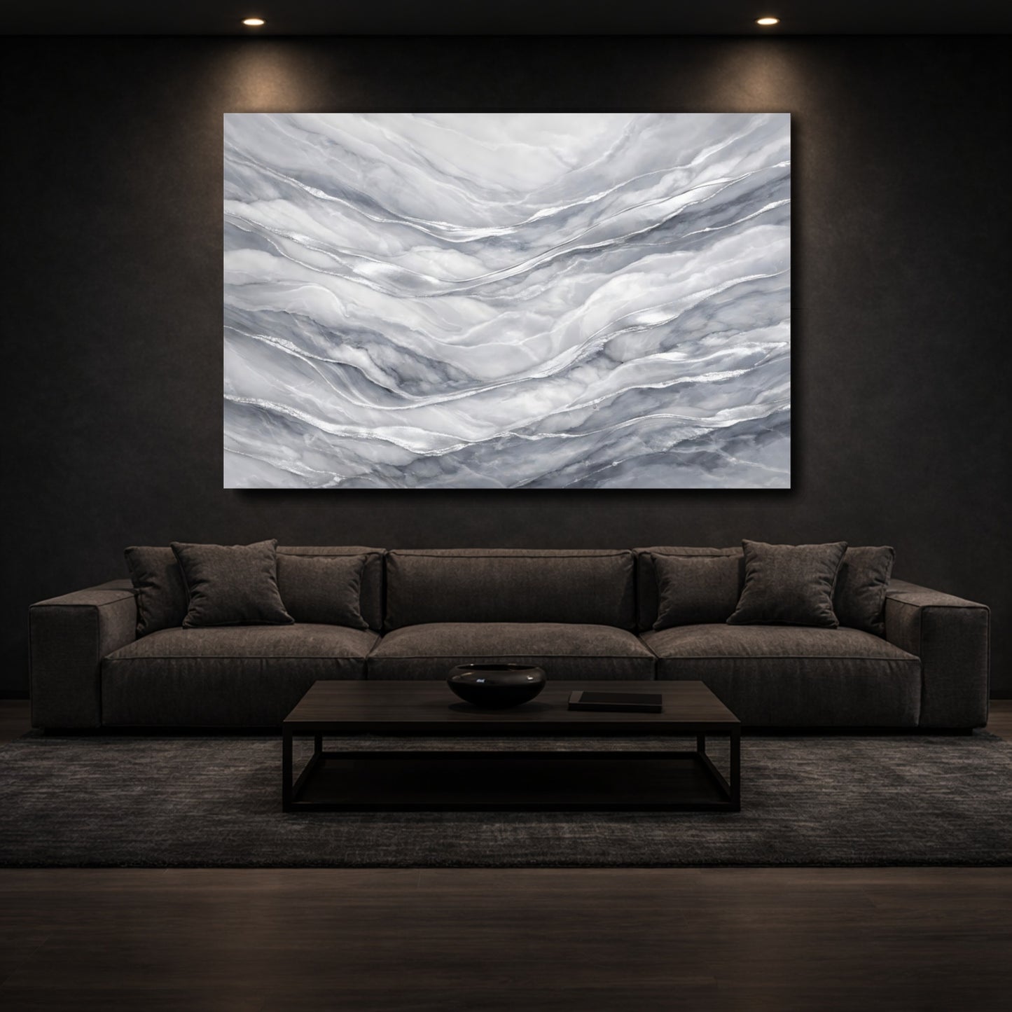 Mockup 2. Abstract Marble Texture Grey And Silver shown as stretched canvas wall art