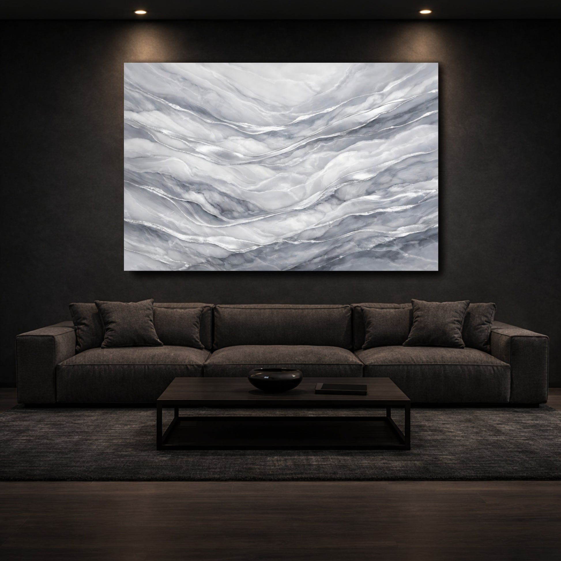 Mockup 2. Abstract Marble Texture Grey And Silver shown as stretched canvas wall art
