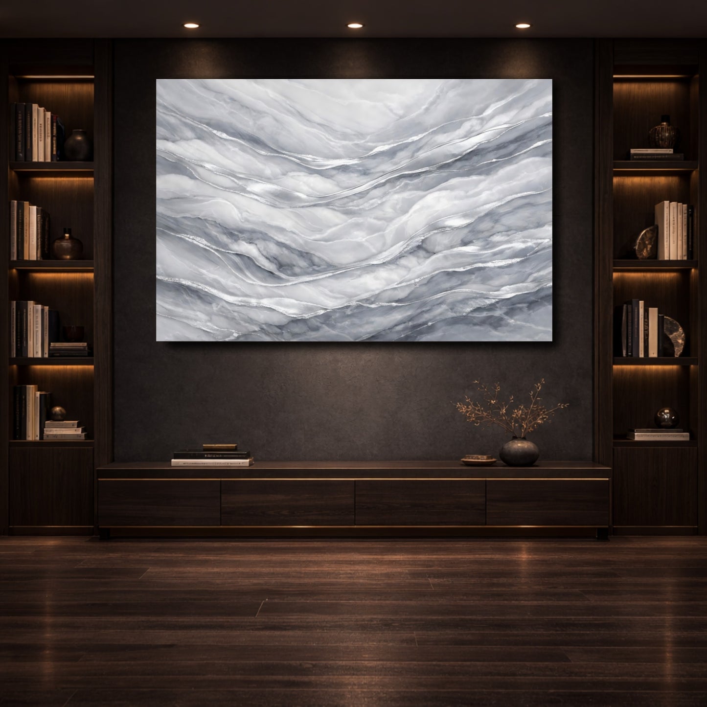Mockup 3. Abstract Marble Texture Grey And Silver shown as stretched canvas wall art
